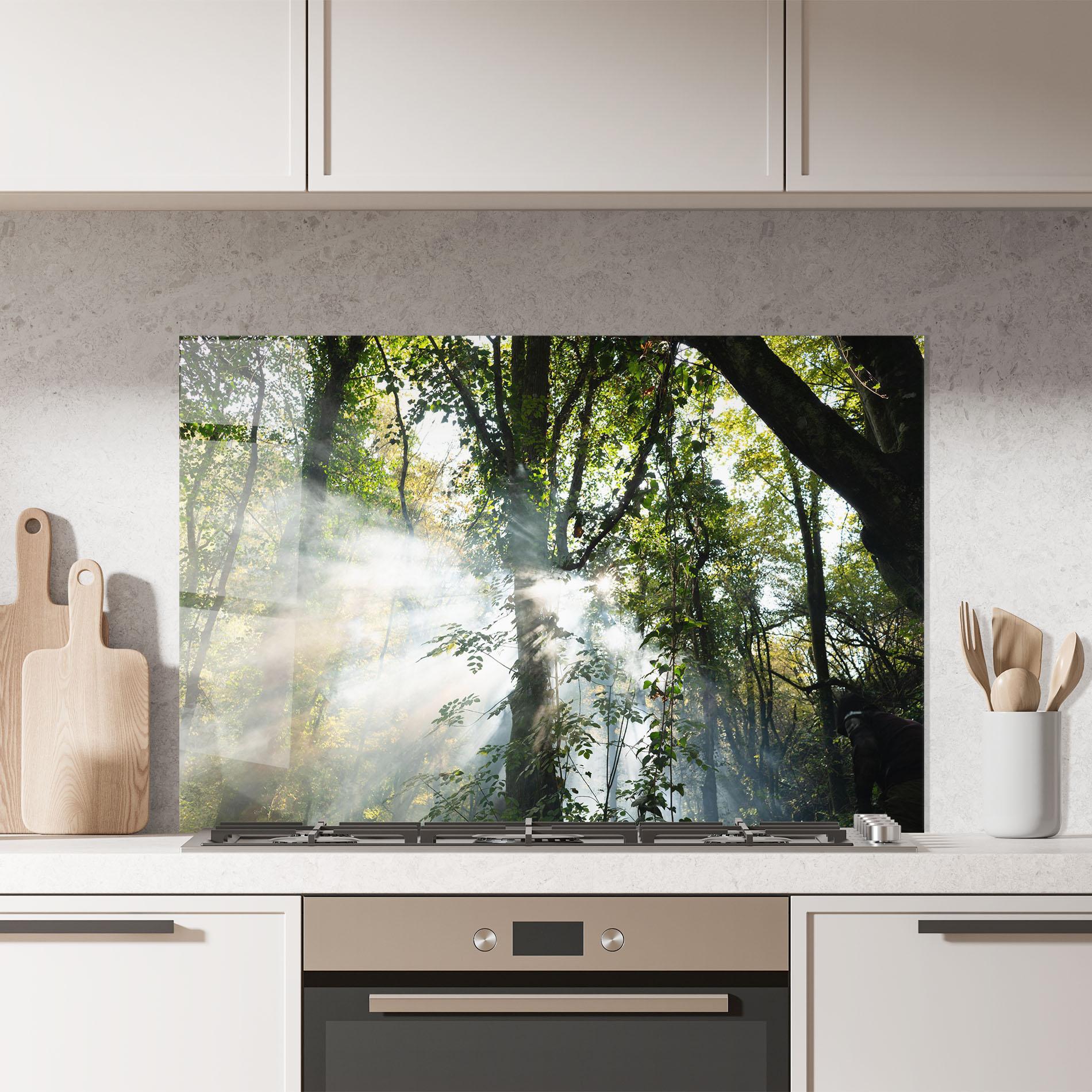 Panou Sticla Bucatarie Foggy Light Forest mockup 7