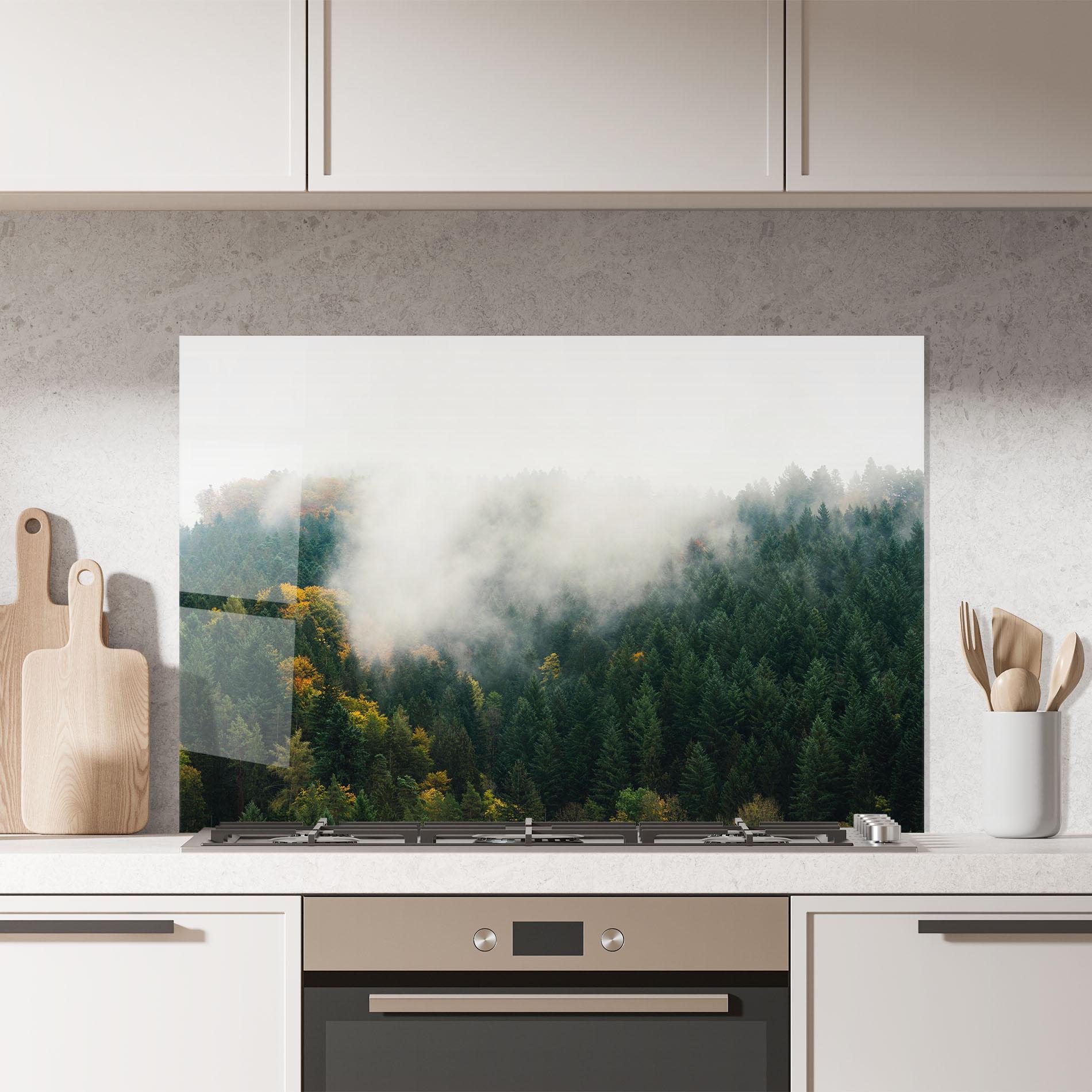 Panou Sticla Bucatarie Foggy Tree Forest mockup 7