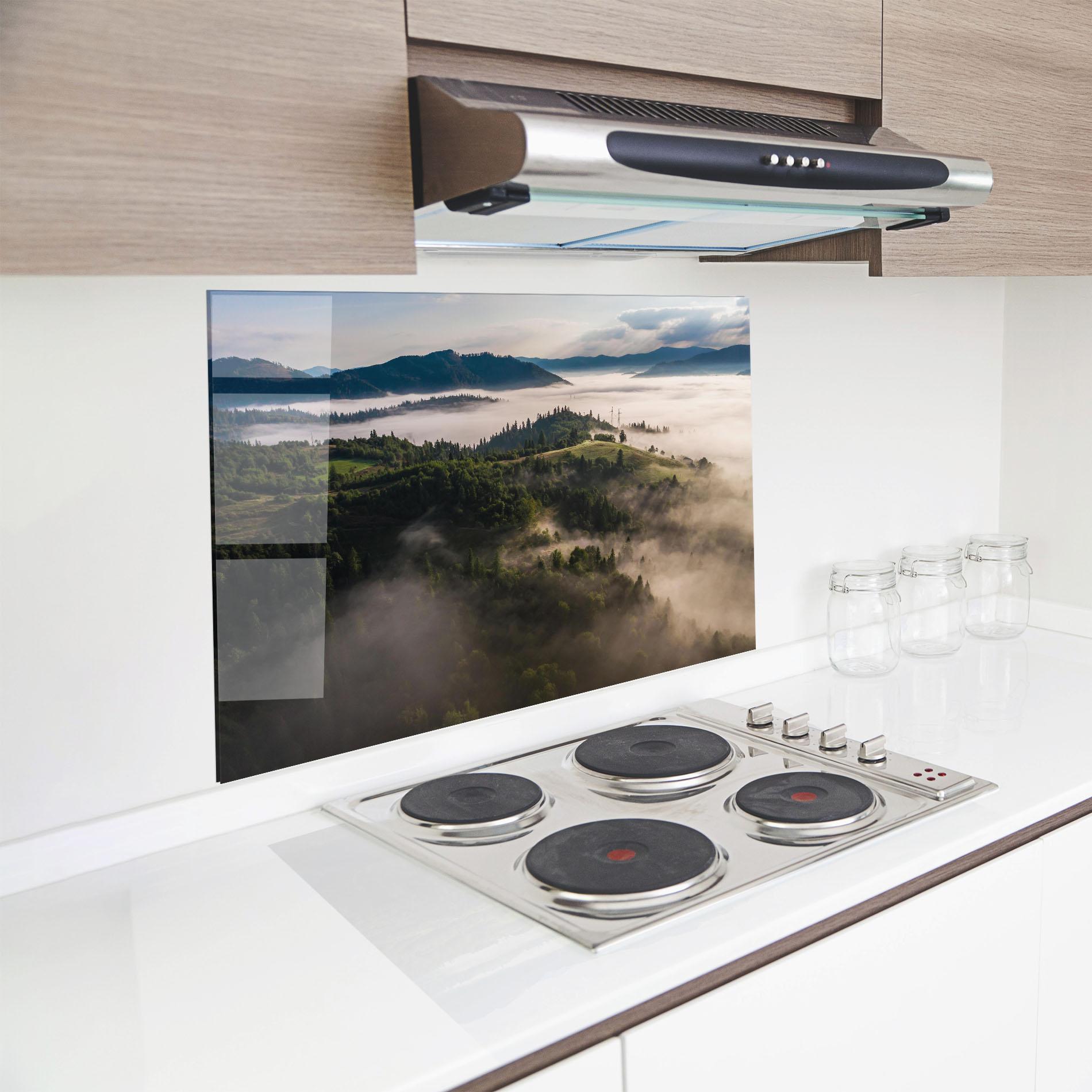 Panou Sticla Bucatarie Foggy Forest View mockup 8