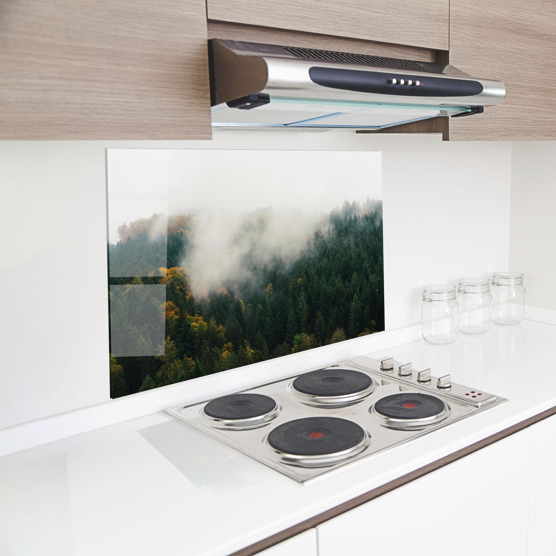 Panou Sticla Bucatarie Foggy Tree Forest mockup 8