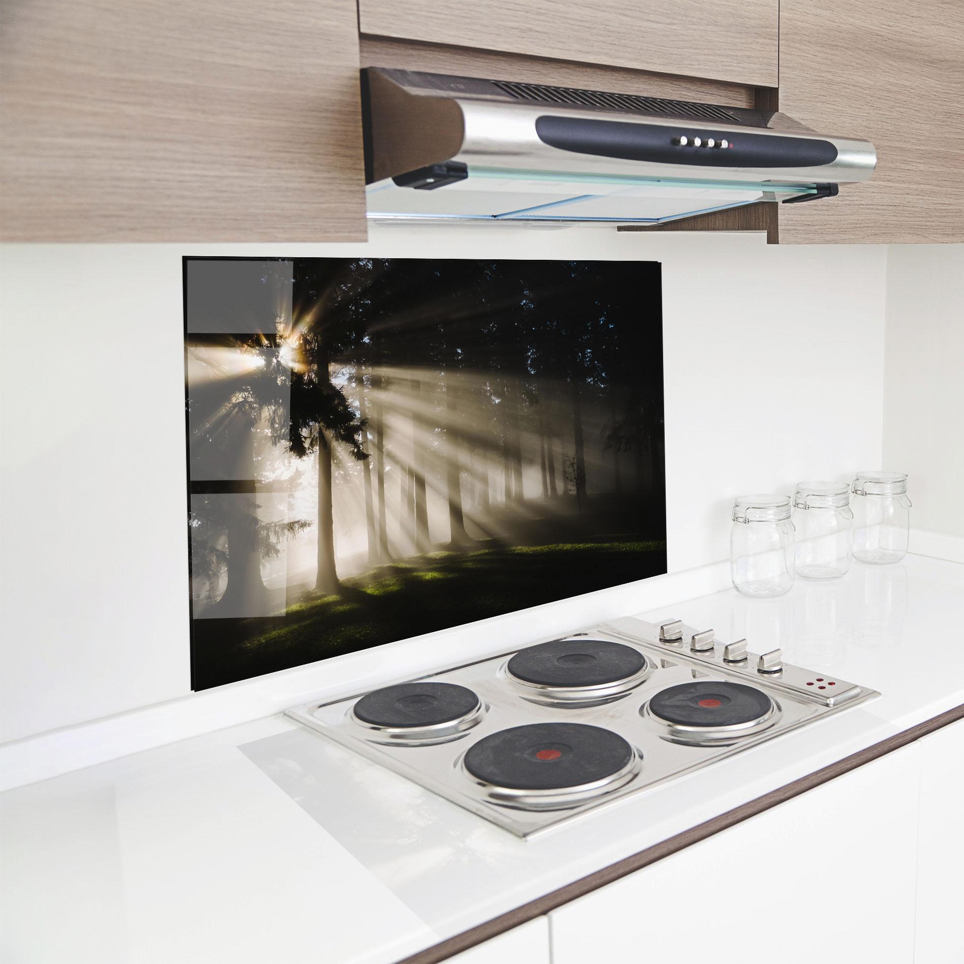 Panou Sticla Bucatarie Forest Foggy Daylight mockup 8