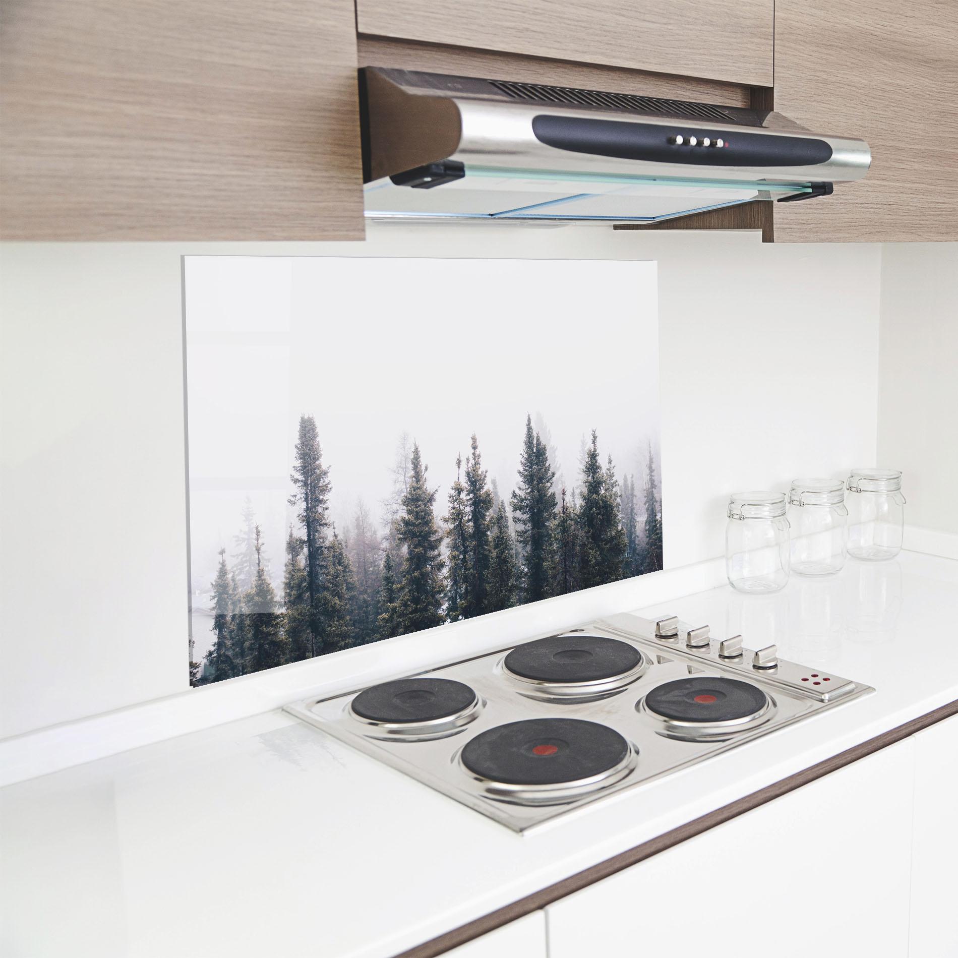 Panou Sticla Bucatarie Grey Foggy Trees mockup 8