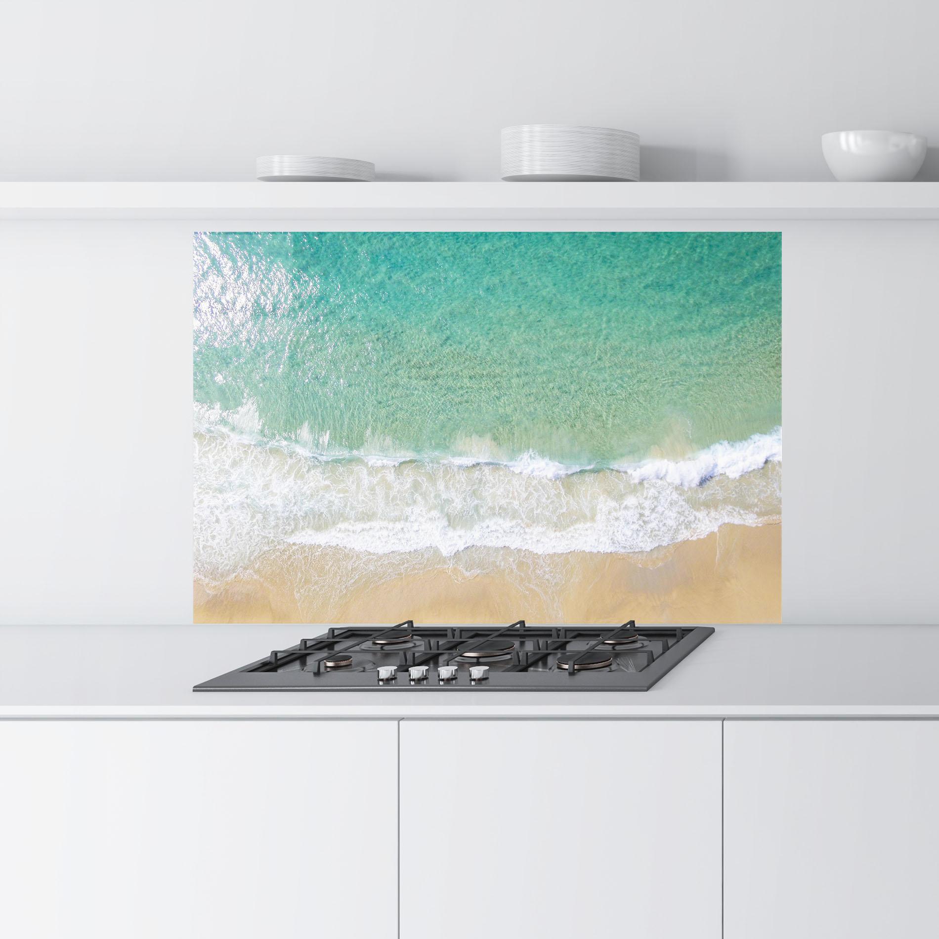 Panou Sticla Bucatarie Blue Waves Beach mockup 9