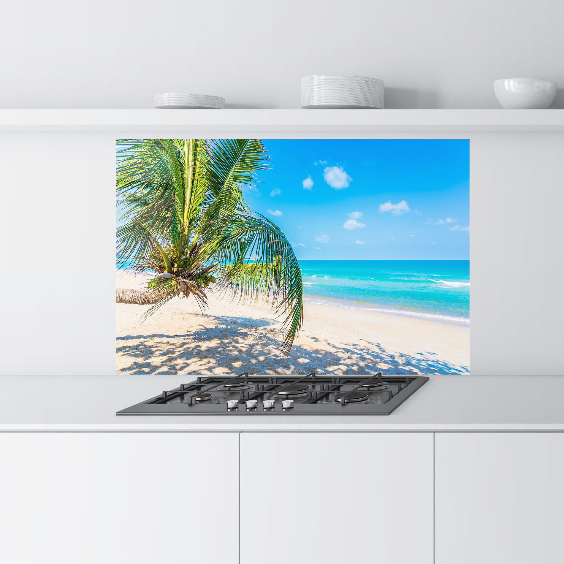 Panou Sticla Bucatarie Tropical Beach View mockup 9