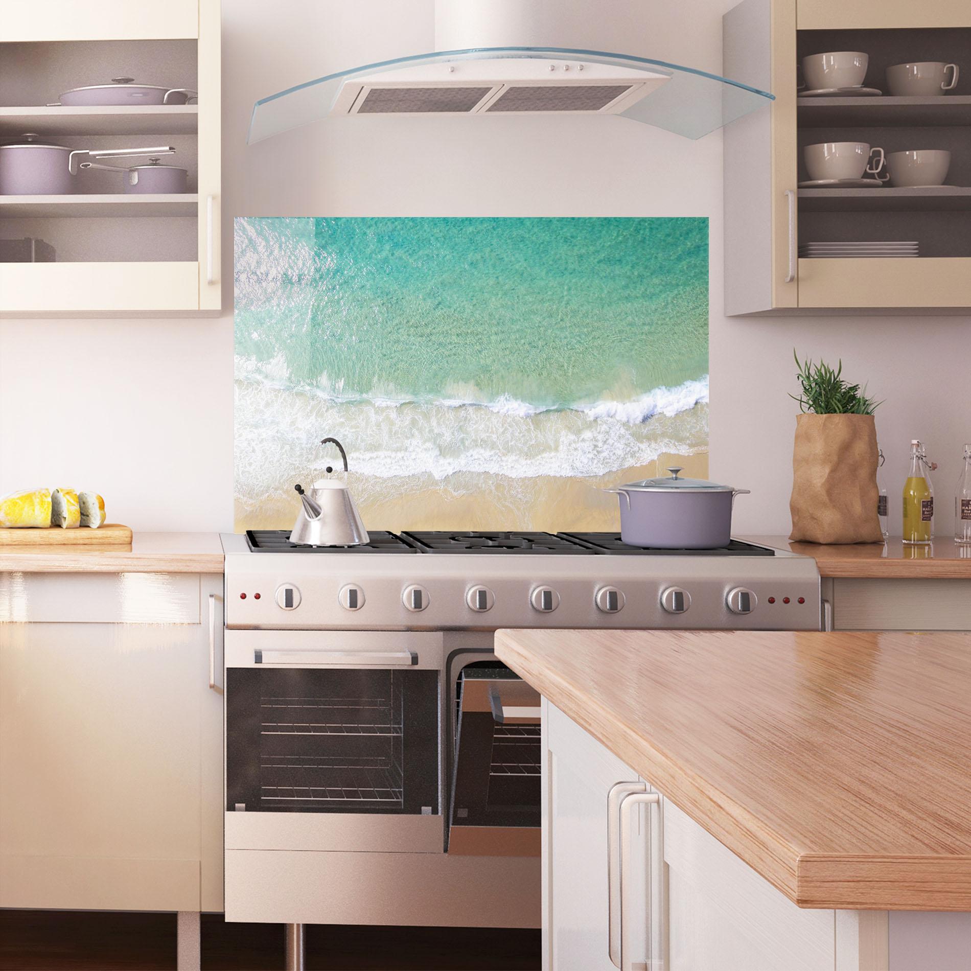 Panou Sticla Bucatarie Blue Waves Beach mockup 1