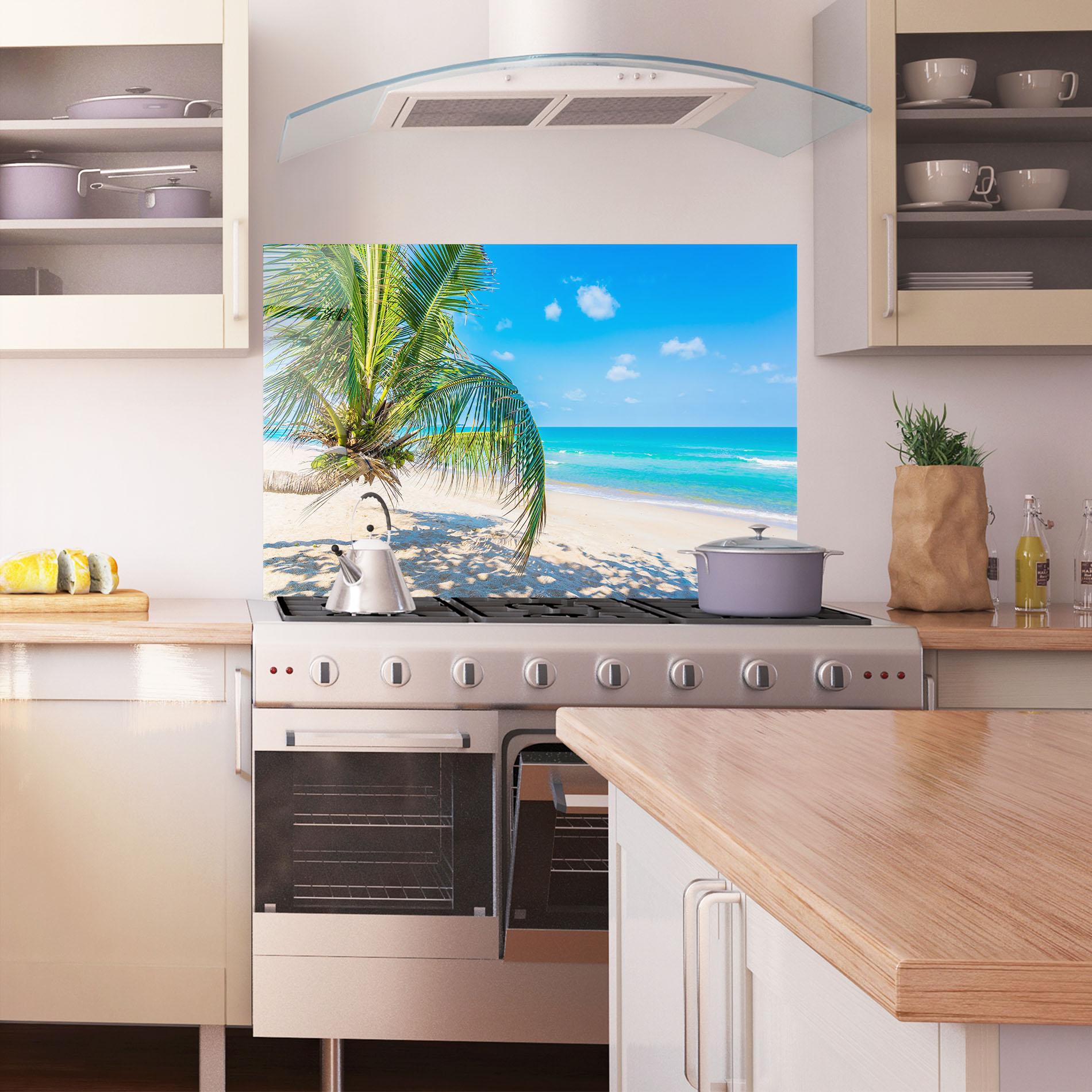 Panou Sticla Bucatarie Tropical Beach View mockup 1