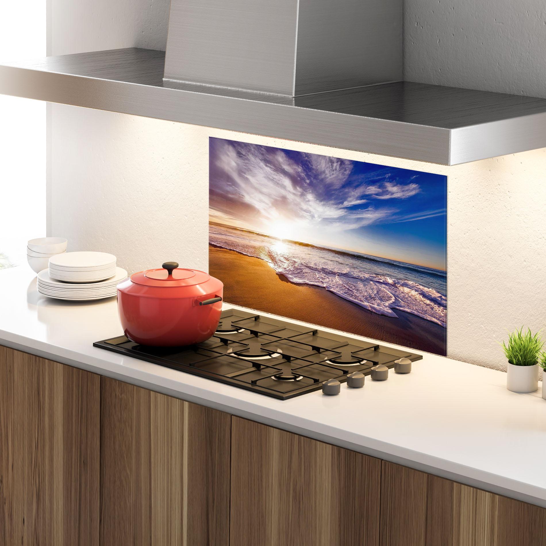 Panou Sticla Bucatarie Beach Sunrise mockup 4