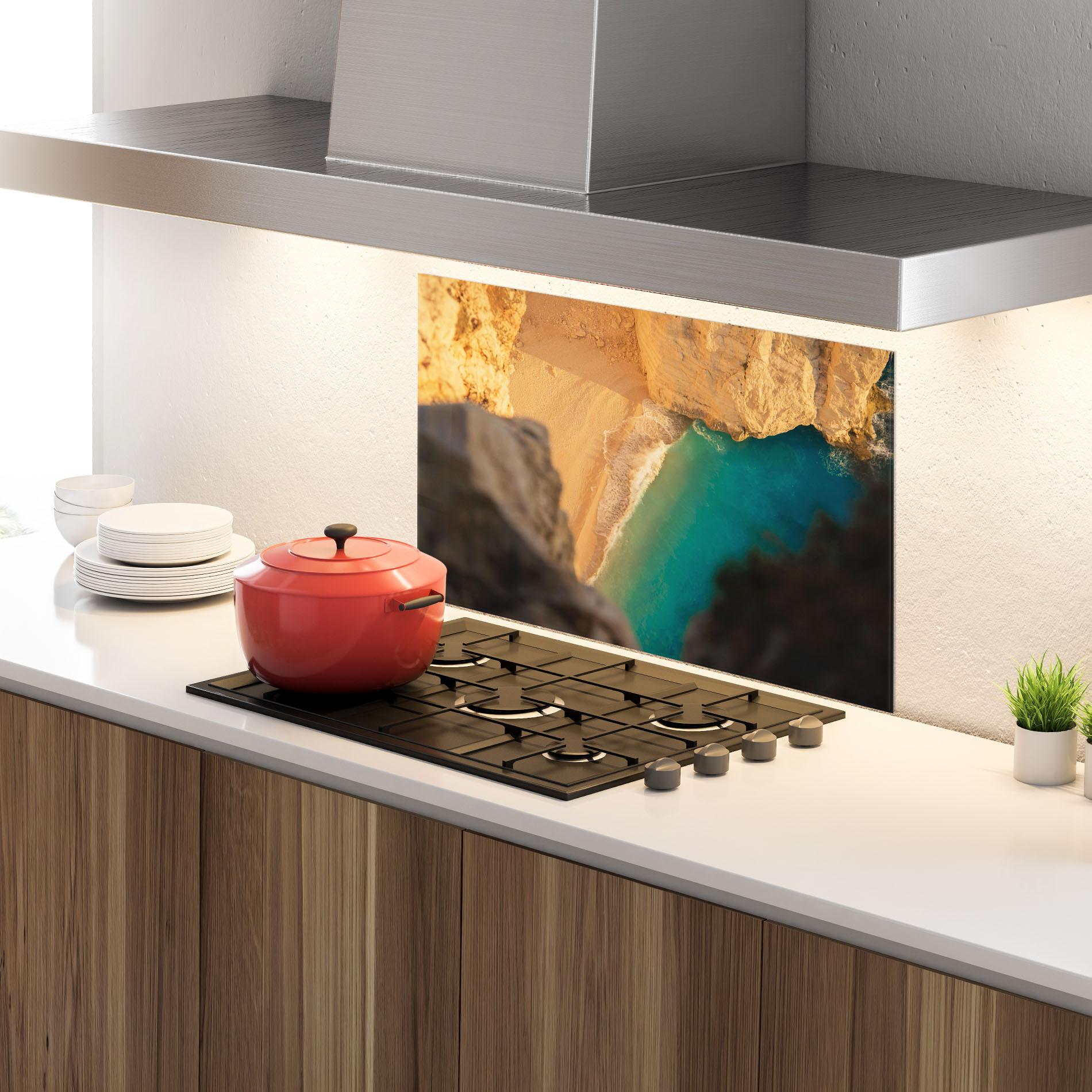 Panou Sticla Bucatarie Blue Beach Water mockup 4