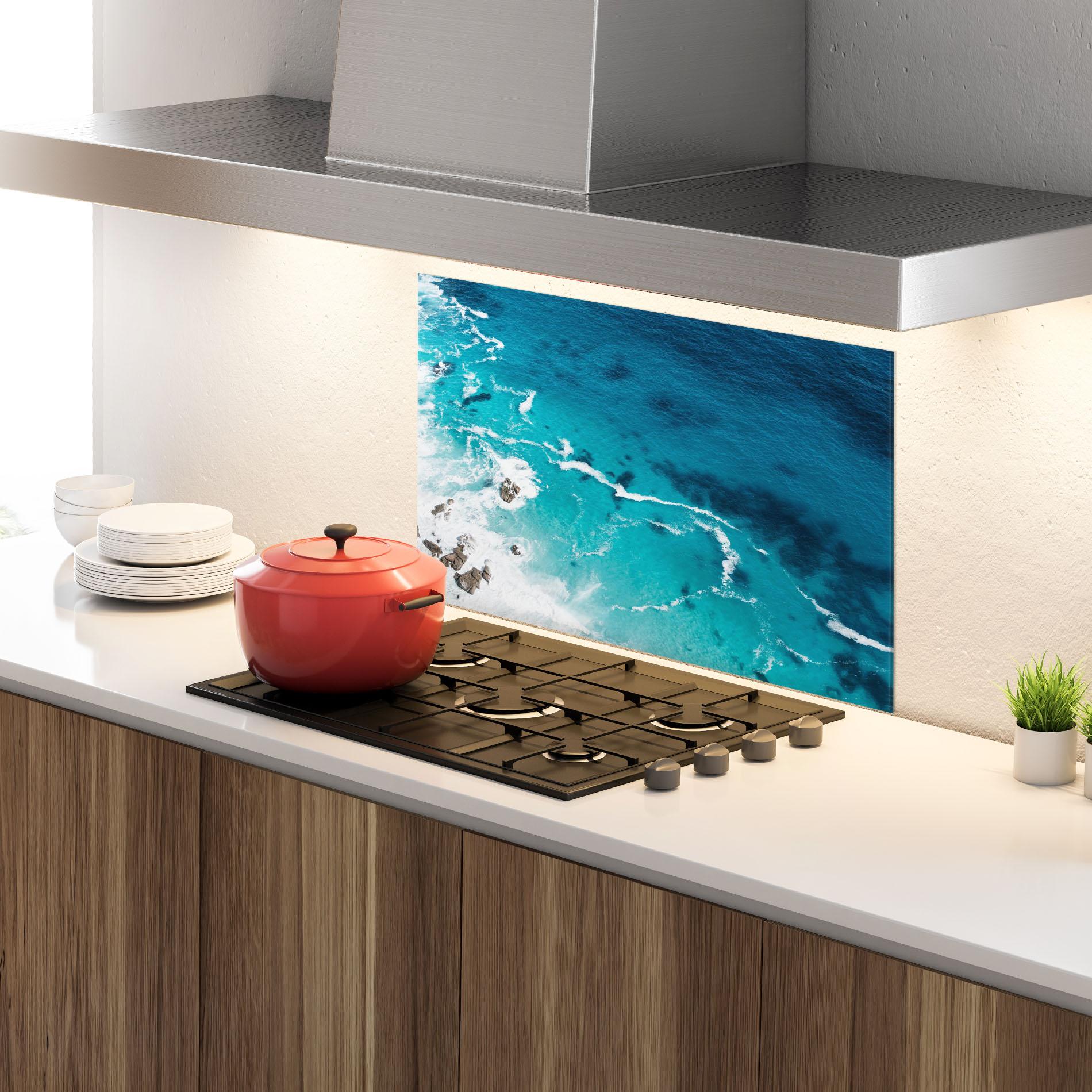 Panou Sticla Bucatarie Blue Water Beach mockup 4