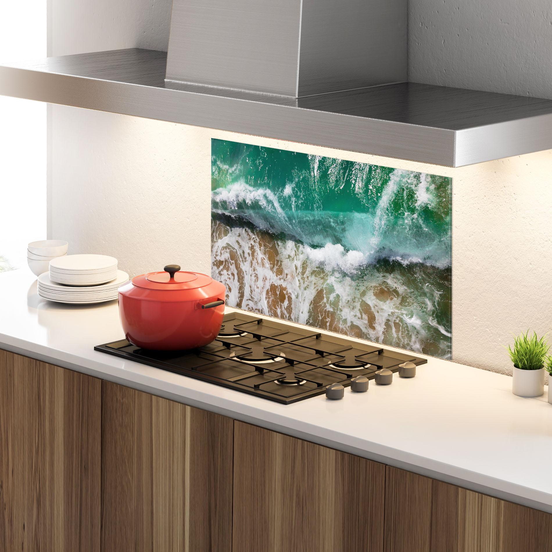 Panou Sticla Bucatarie Green Waves Beach mockup 4