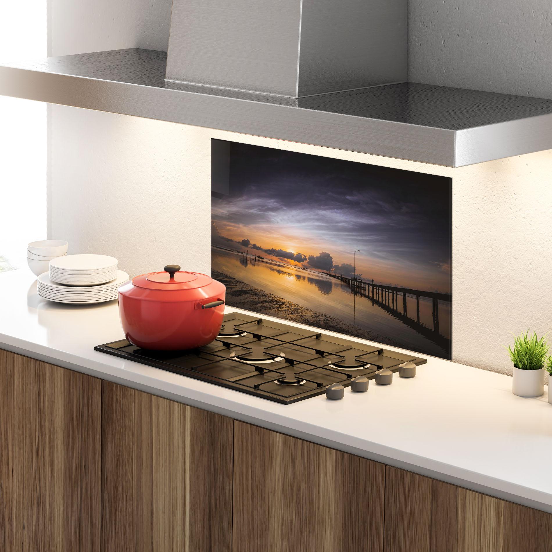 Panou Sticla Bucatarie Orange Purple Beach mockup 4