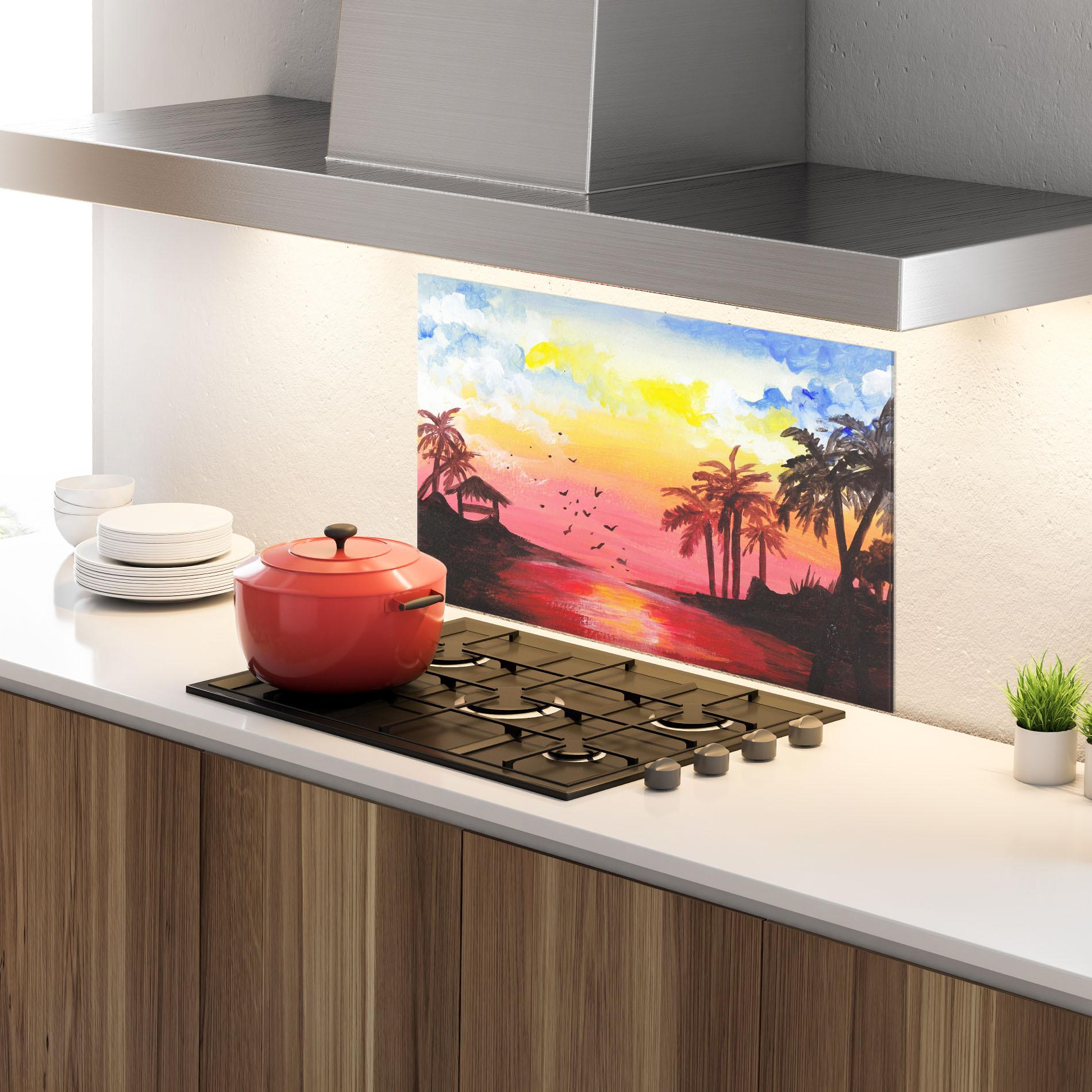 Panou Sticla Bucatarie Sunset Gouache Painting mockup 4