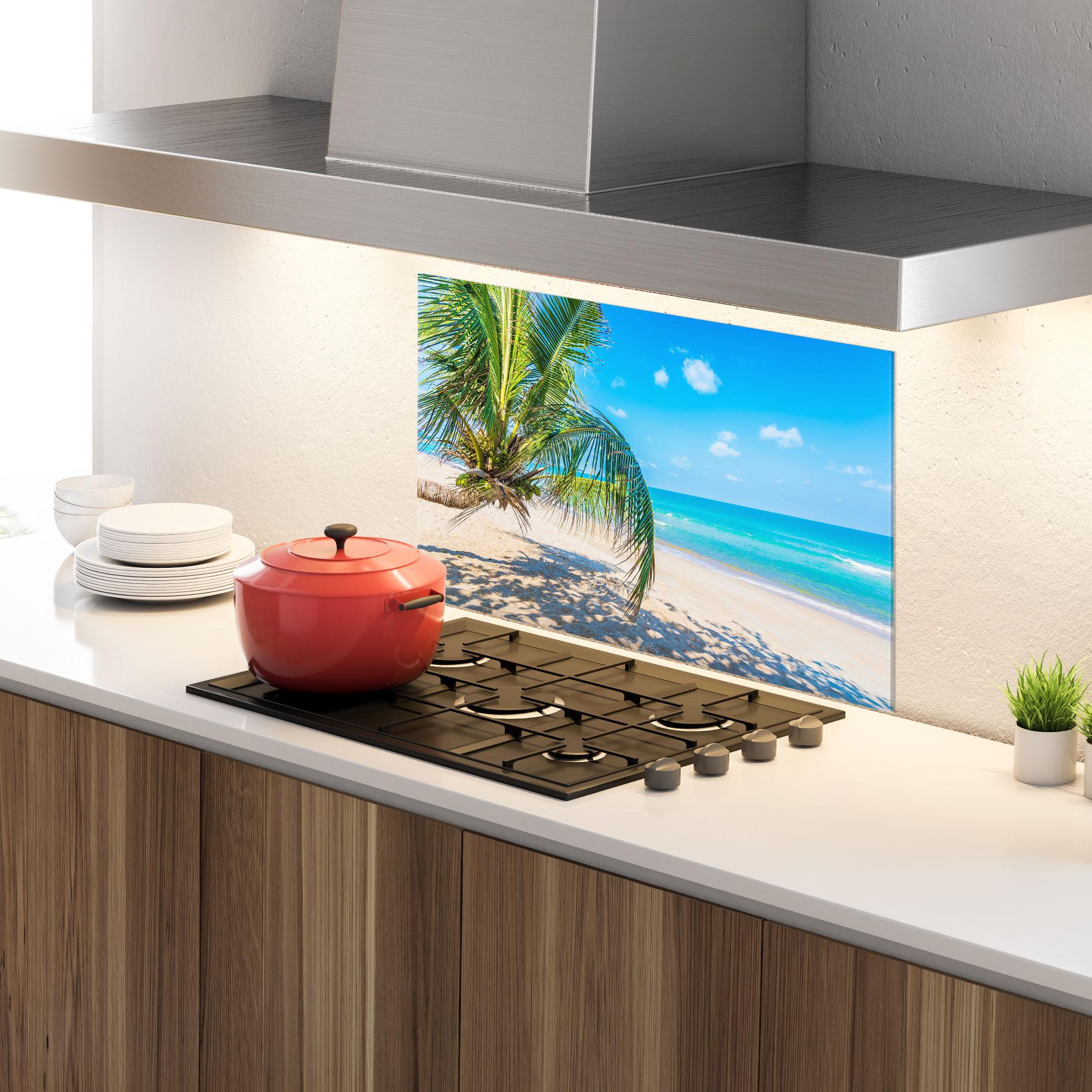 Panou Sticla Bucatarie Tropical Beach View mockup 4