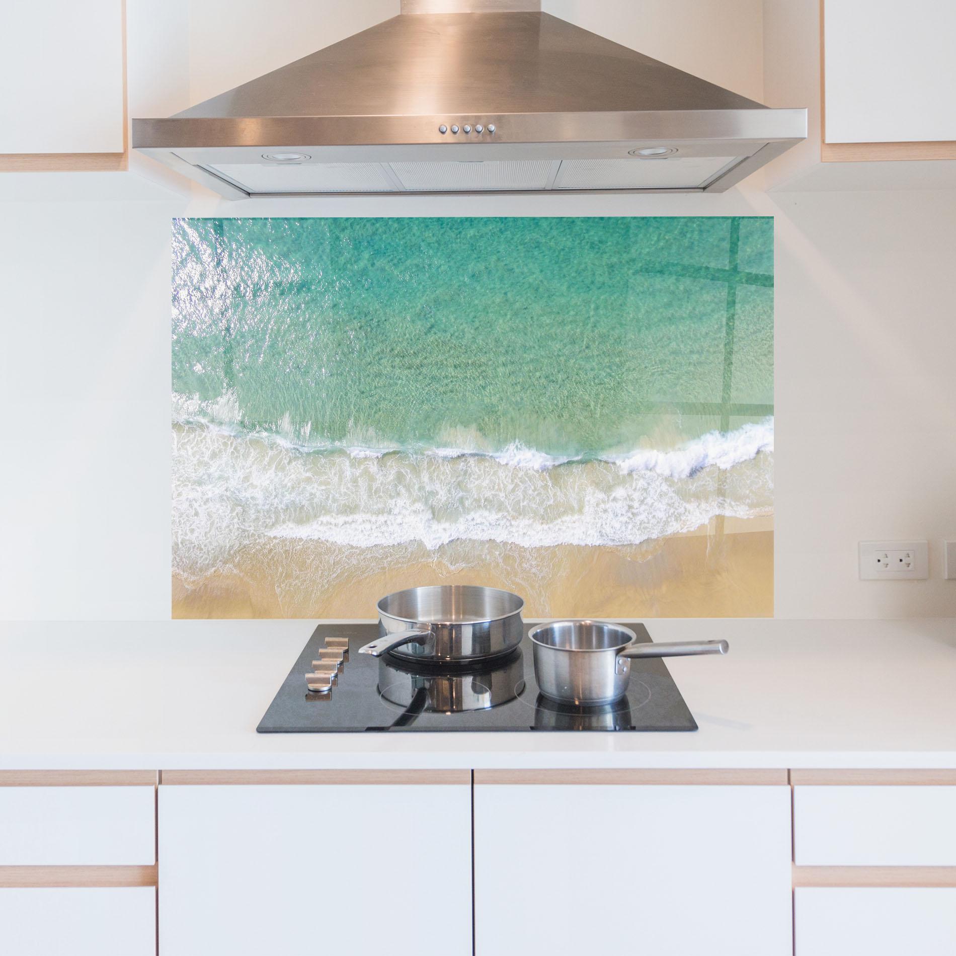 Panou Sticla Bucatarie Blue Waves Beach mockup 5