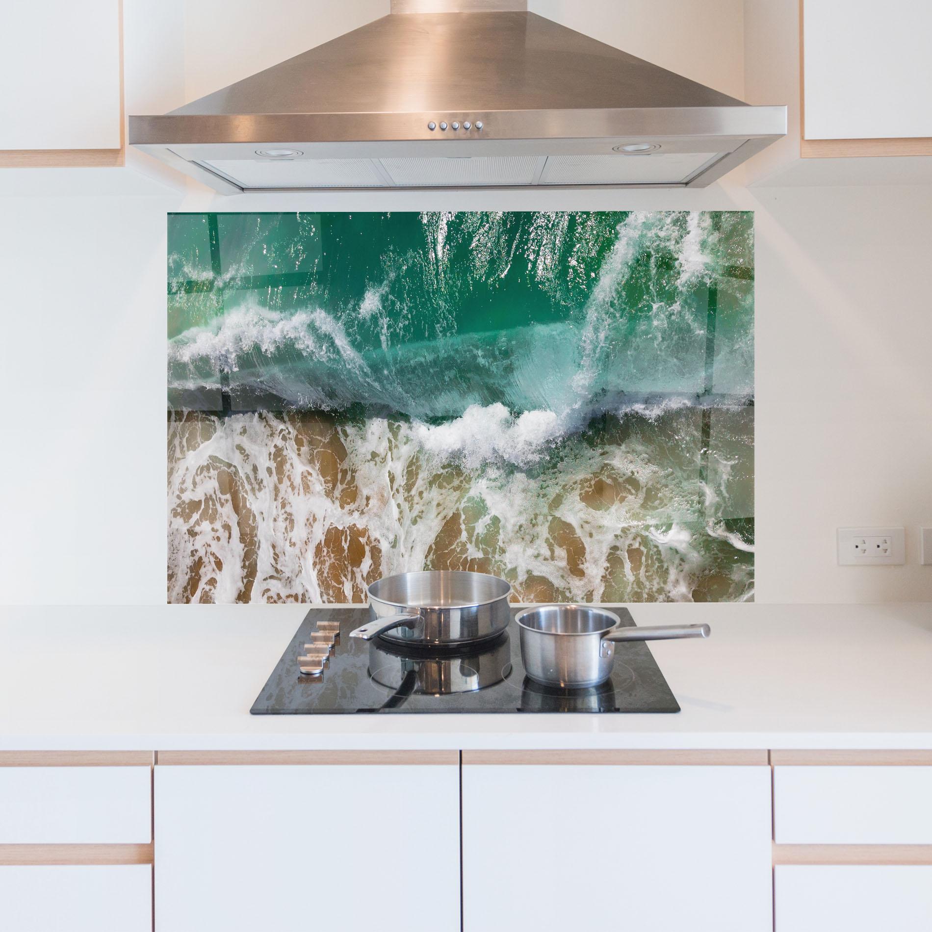 Panou Sticla Bucatarie Green Waves Beach mockup 5