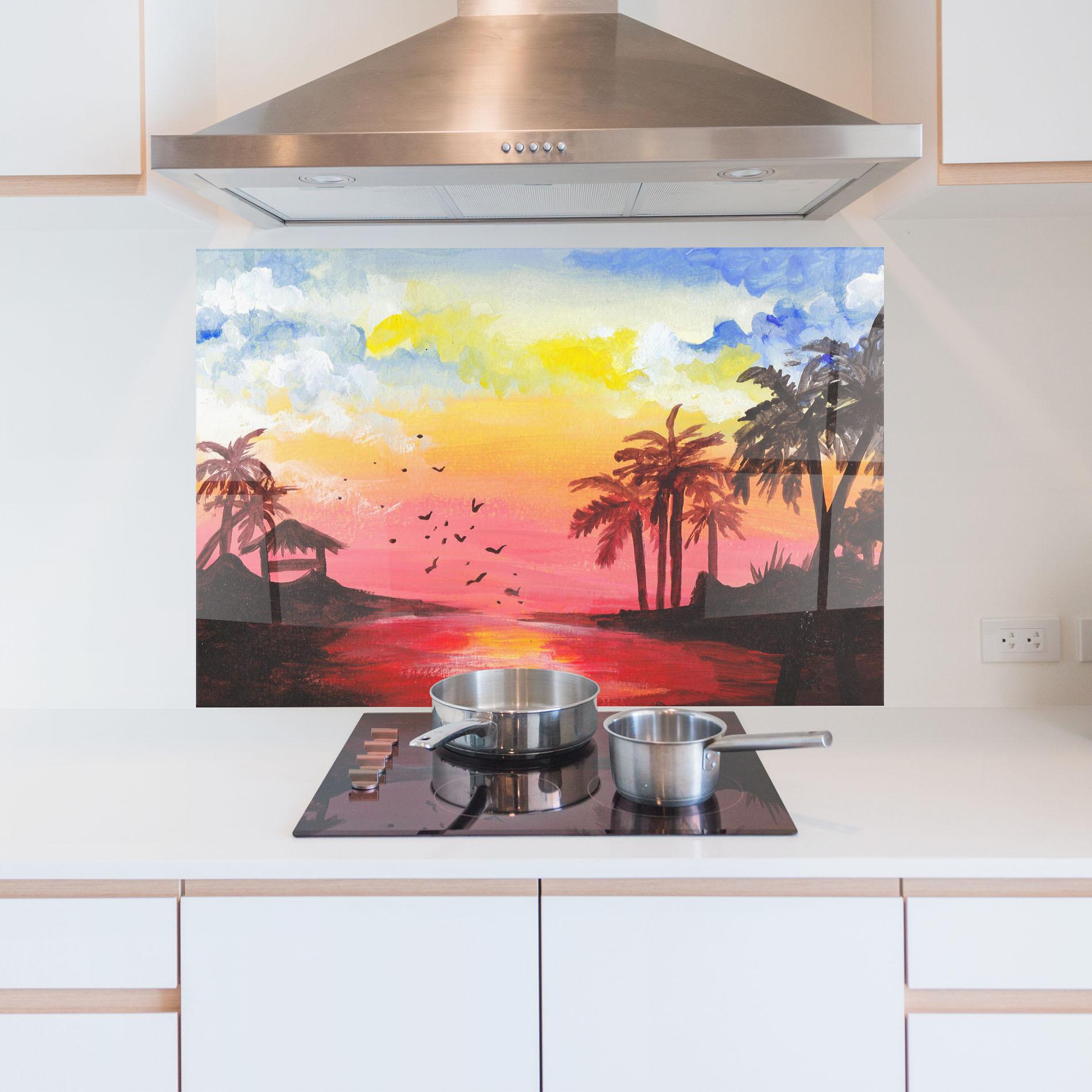 Panou Sticla Bucatarie Sunset Gouache Painting mockup 5