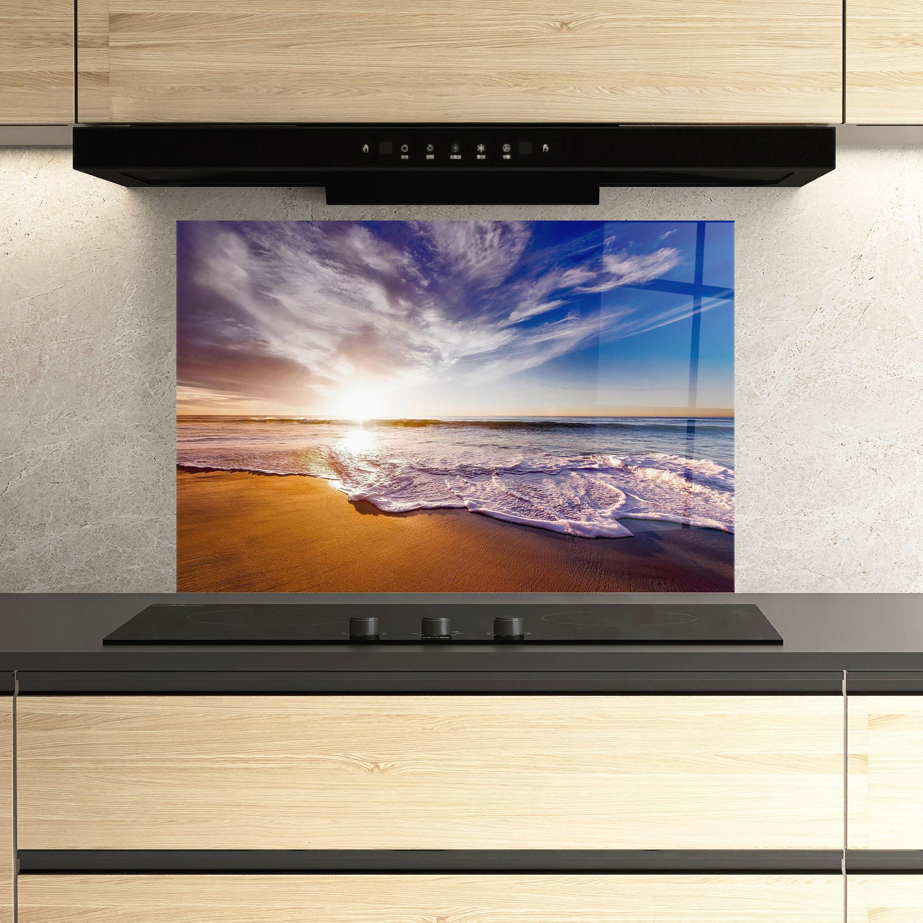 Panou Sticla Bucatarie Beach Sunrise mockup 3