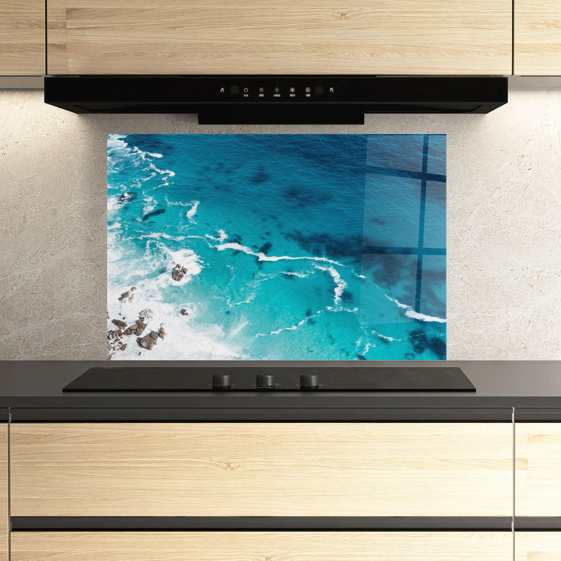 Panou Sticla Bucatarie Blue Water Beach mockup 3