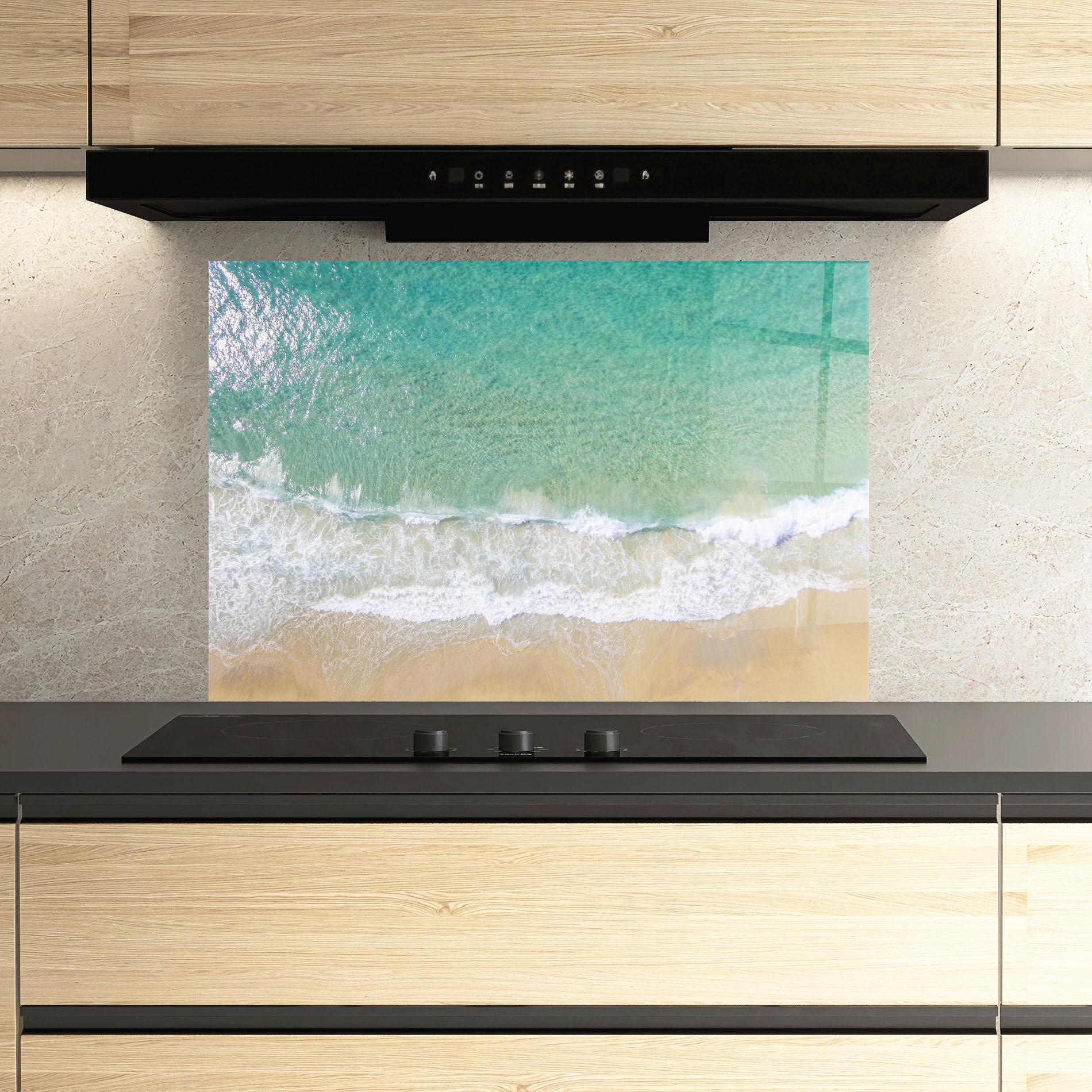 Panou Sticla Bucatarie Blue Waves Beach mockup 3