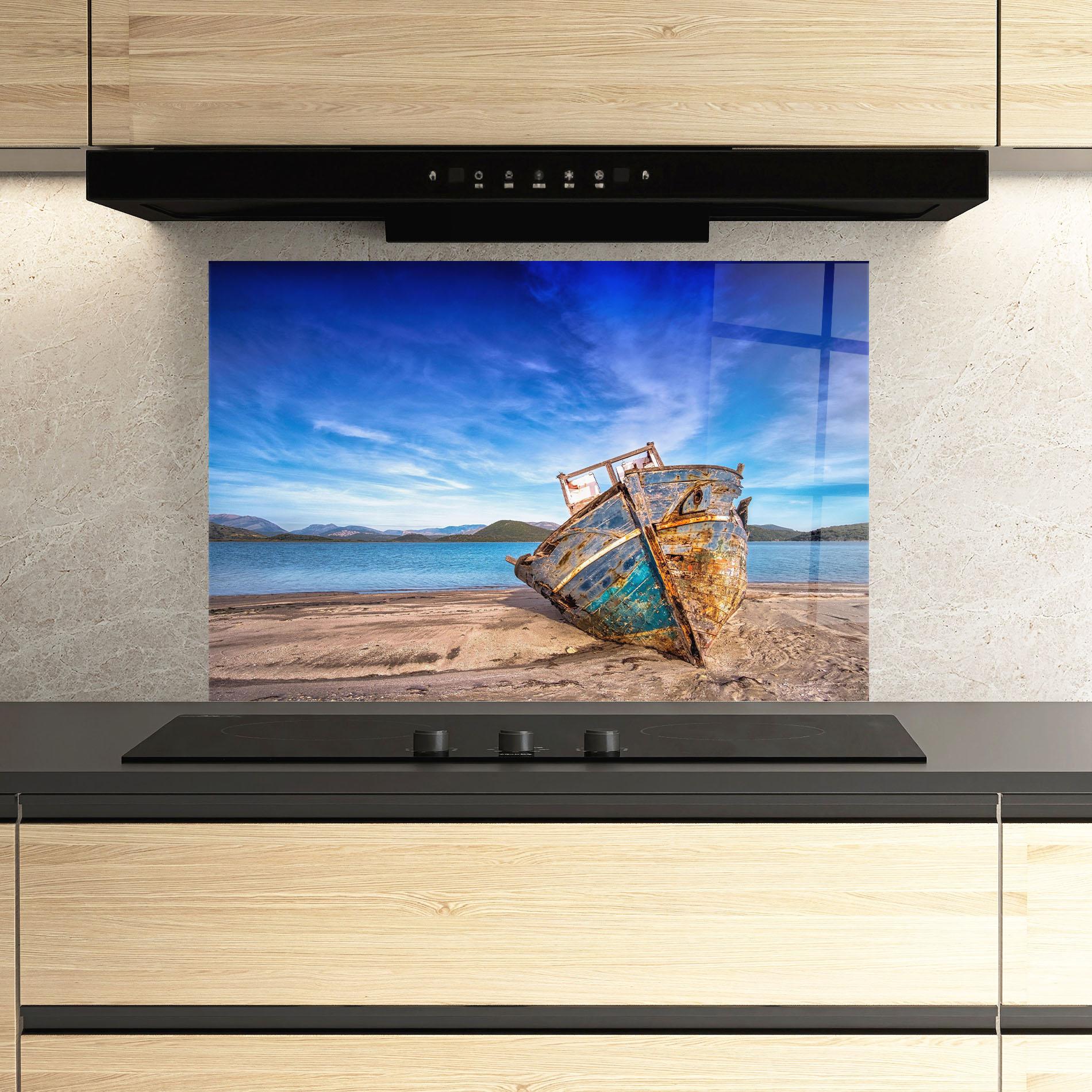 Panou Sticla Bucatarie Boat Blue Sky mockup 3