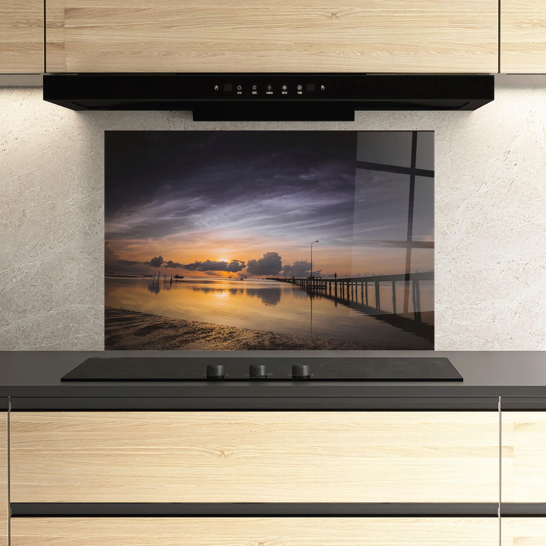 Panou Sticla Bucatarie Orange Purple Beach mockup 3