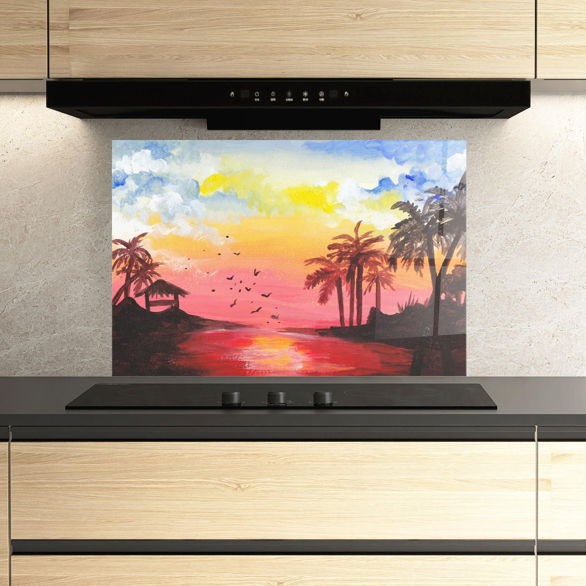 Panou Sticla Bucatarie Sunset Gouache Painting mockup 3