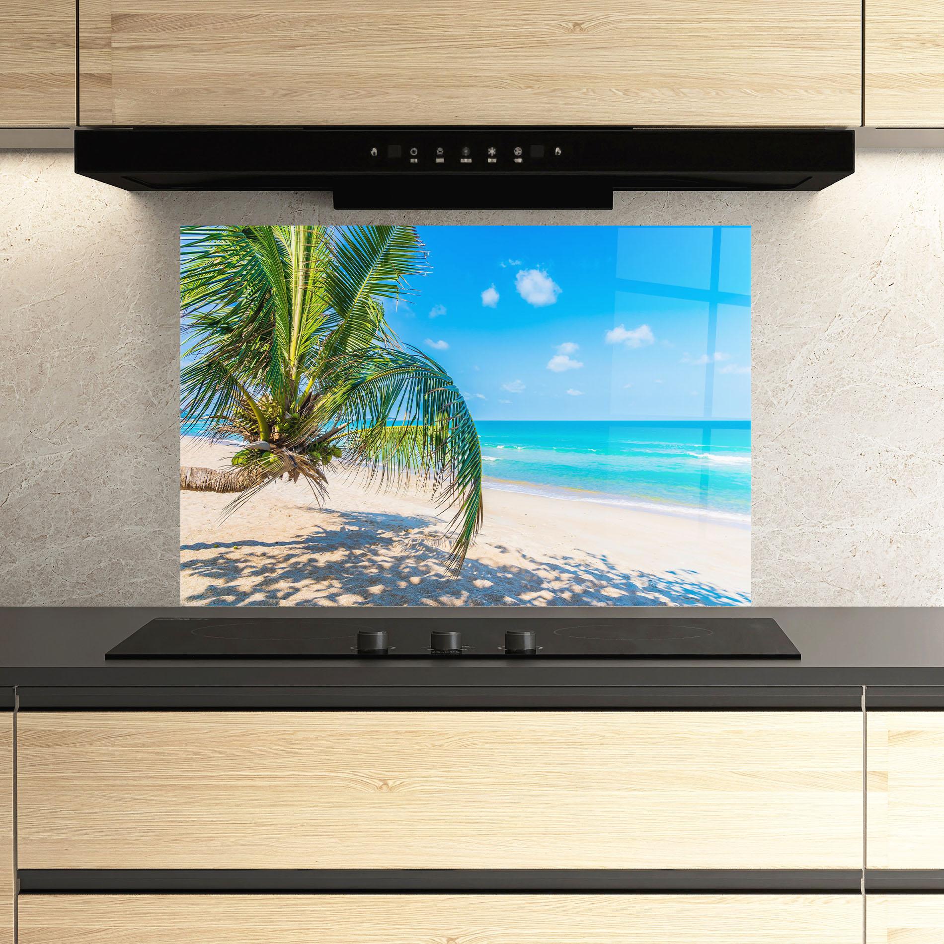 Panou Sticla Bucatarie Tropical Beach View mockup 3