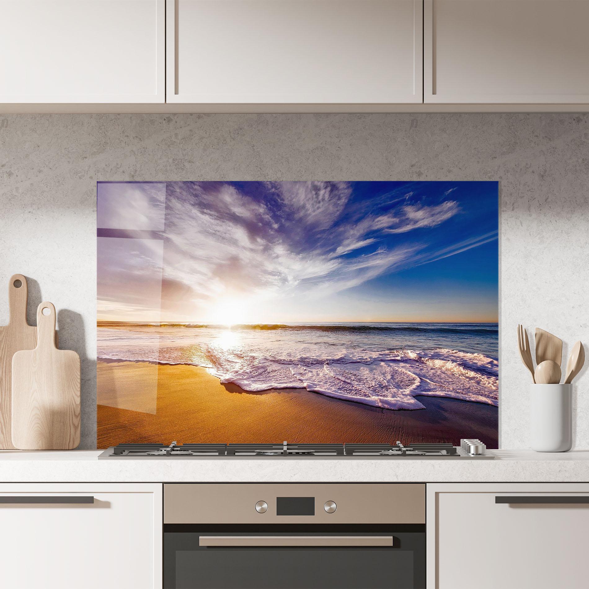 Panou Sticla Bucatarie Beach Sunrise mockup 7