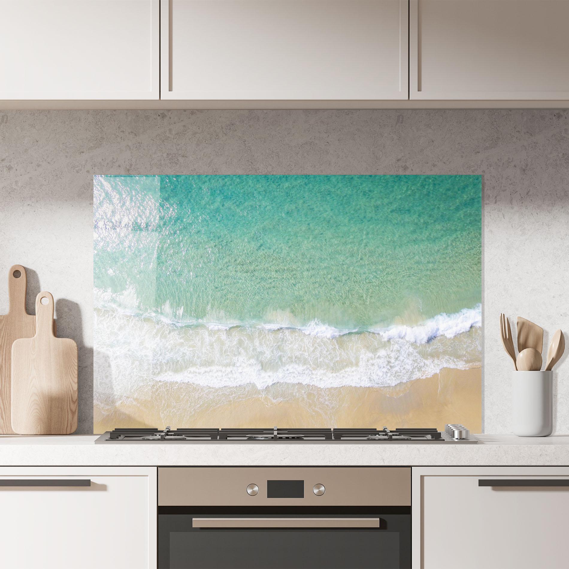 Panou Sticla Bucatarie Blue Waves Beach mockup 7