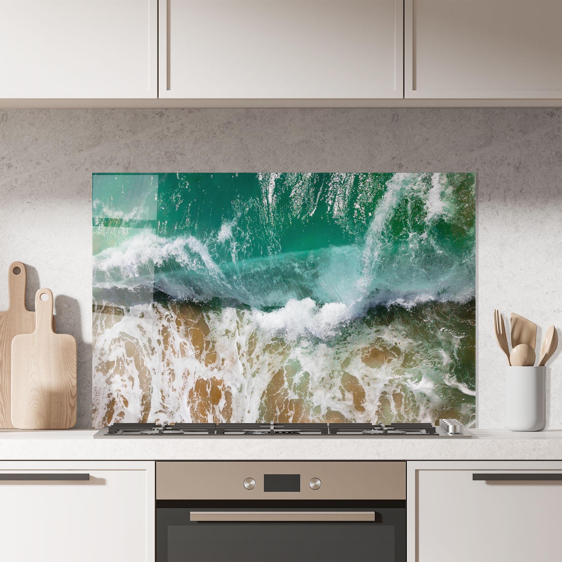 Panou Sticla Bucatarie Green Waves Beach mockup 7