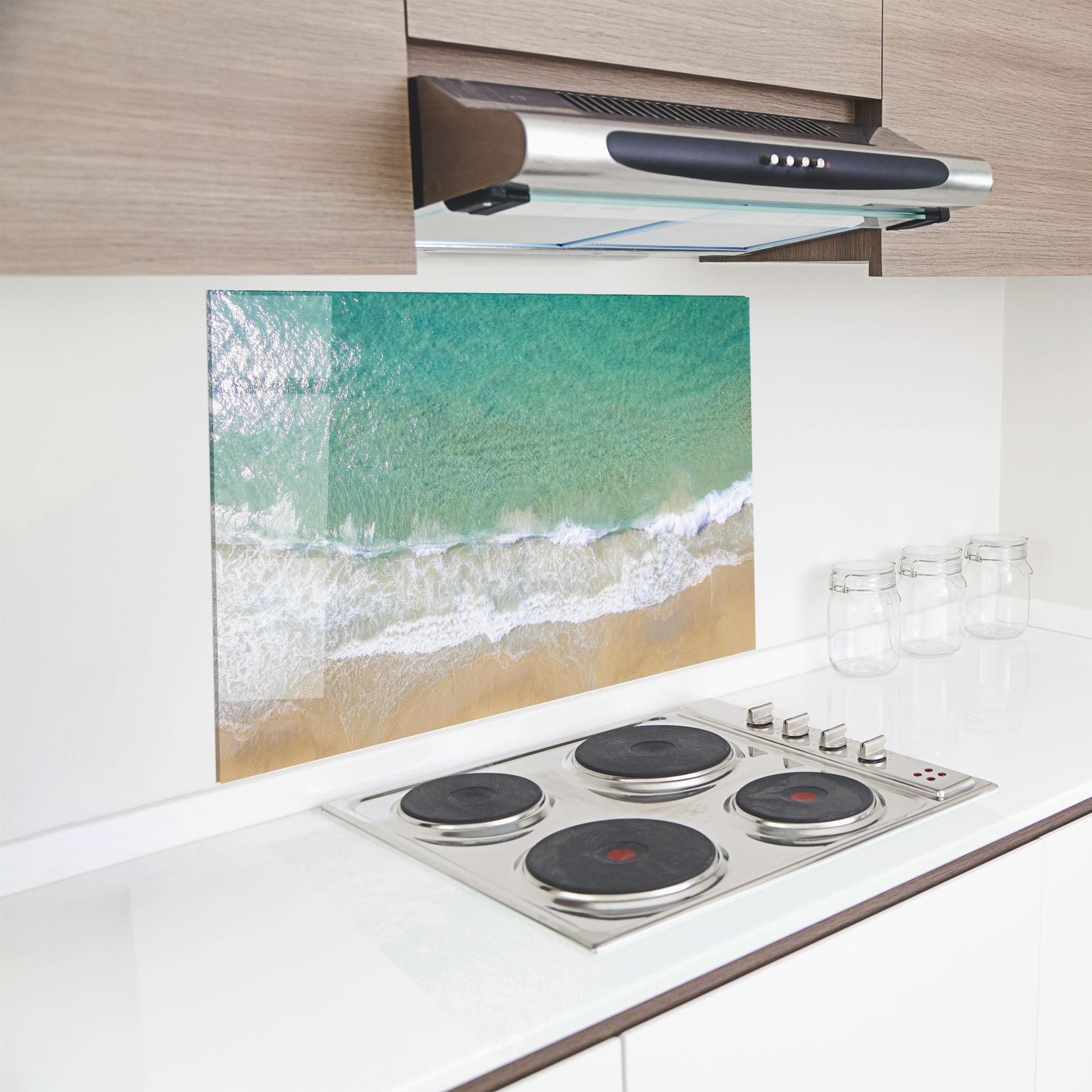 Panou Sticla Bucatarie Blue Waves Beach mockup 8