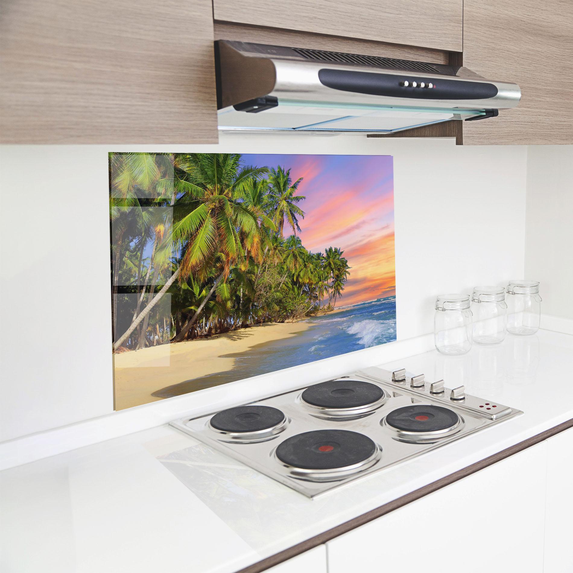 Panou Sticla Bucatarie Coconut Tree Sunset mockup 8