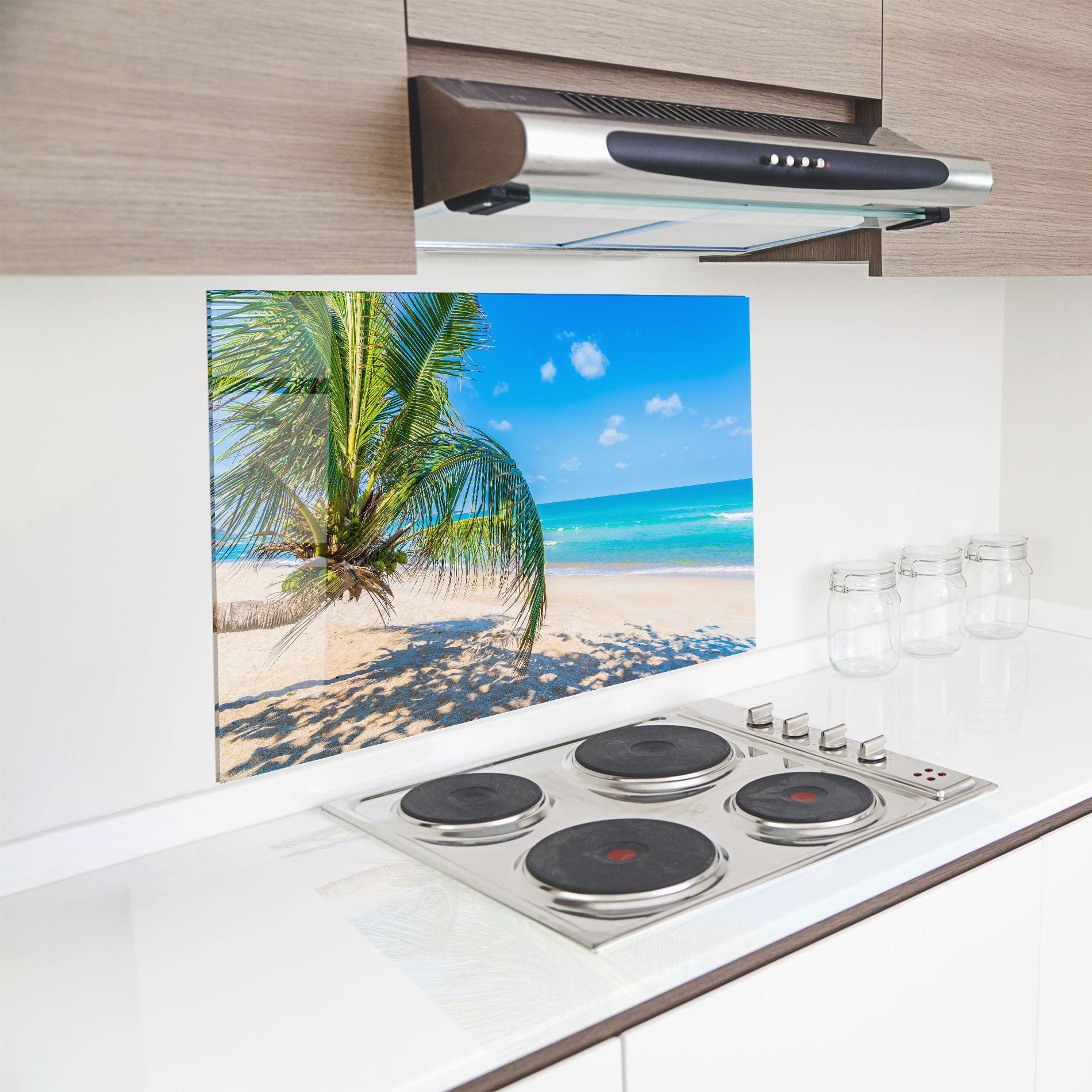 Panou Sticla Bucatarie Tropical Beach View mockup 8