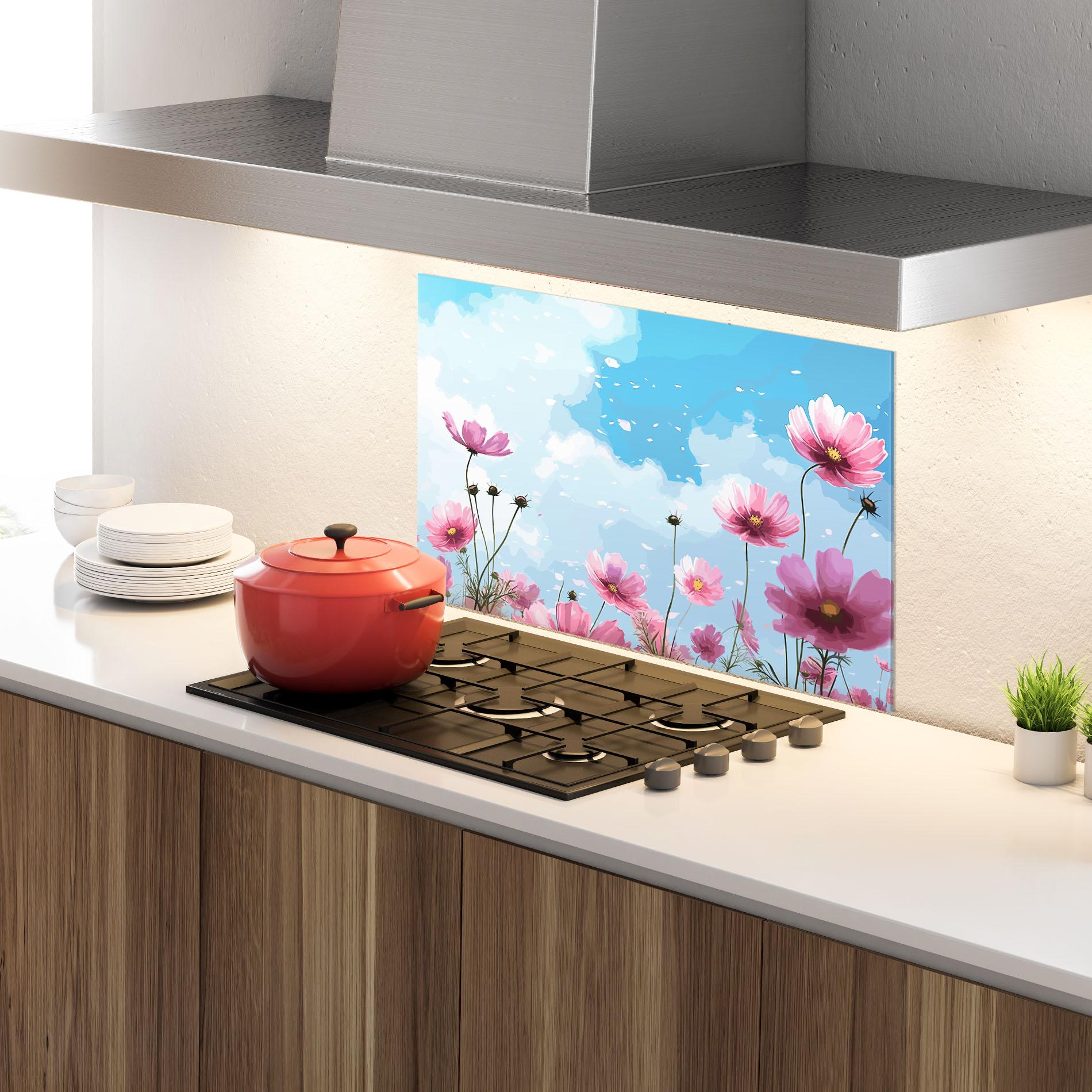 Panou Sticla Bucatarie Pink Flowers Spring mockup 4