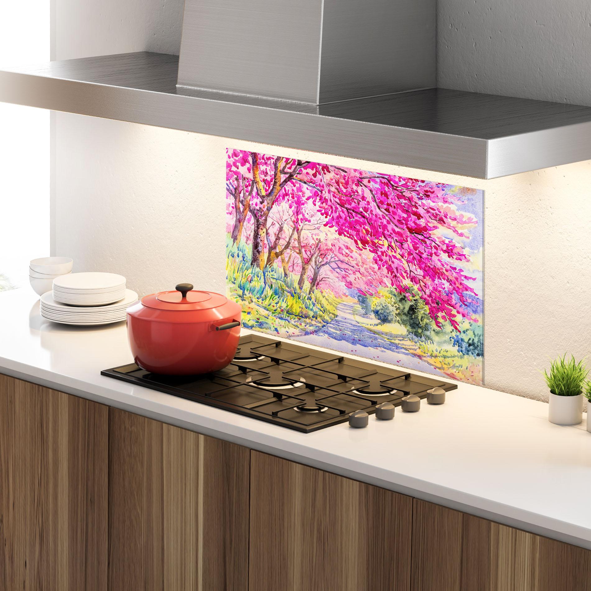 Panou Sticla Bucatarie Pink Trees Art mockup 4