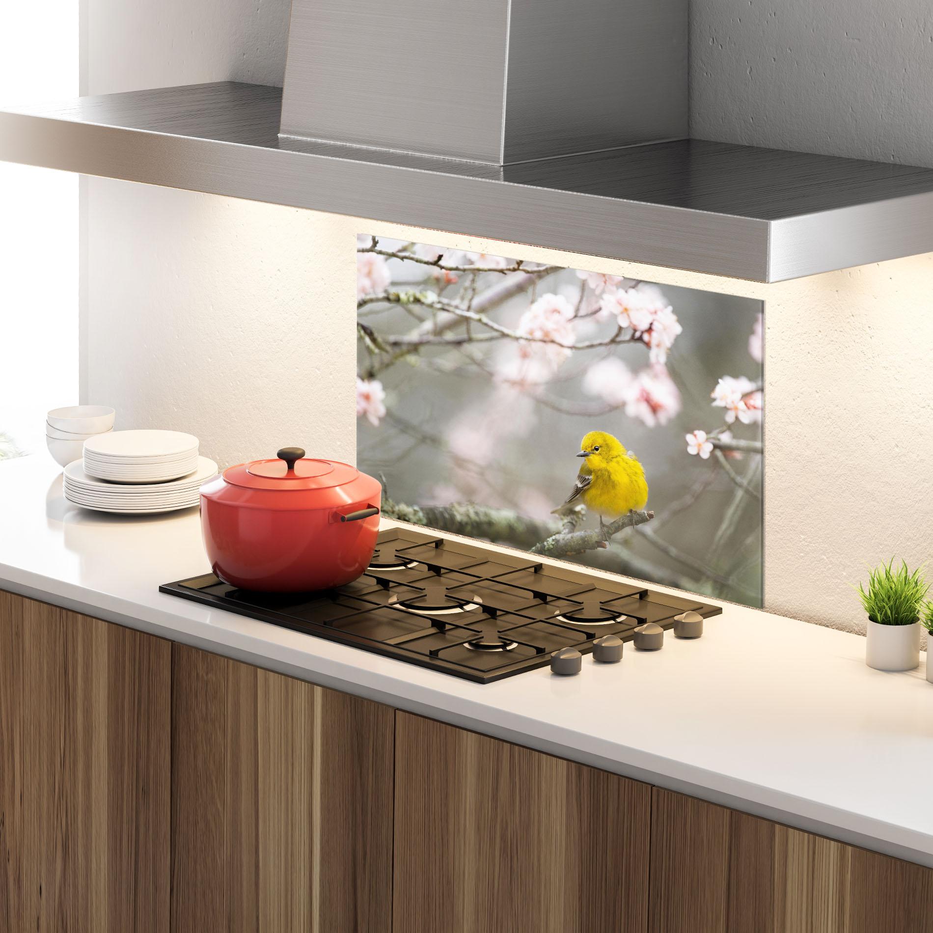 Panou Sticla Bucatarie Pretty Spring Yellow Bird mockup 4