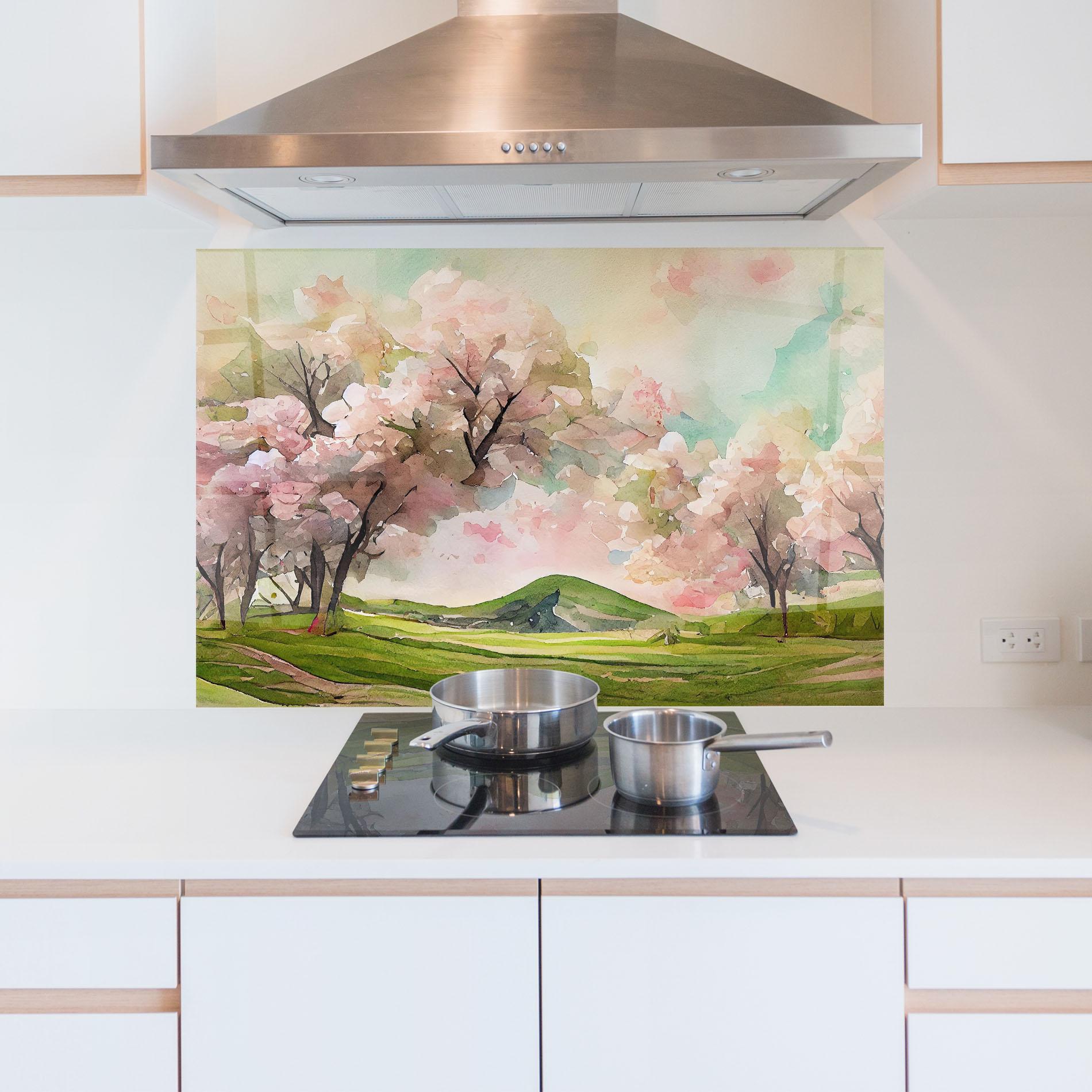 Panou Sticla Bucatarie Spring Pink Trees mockup 5