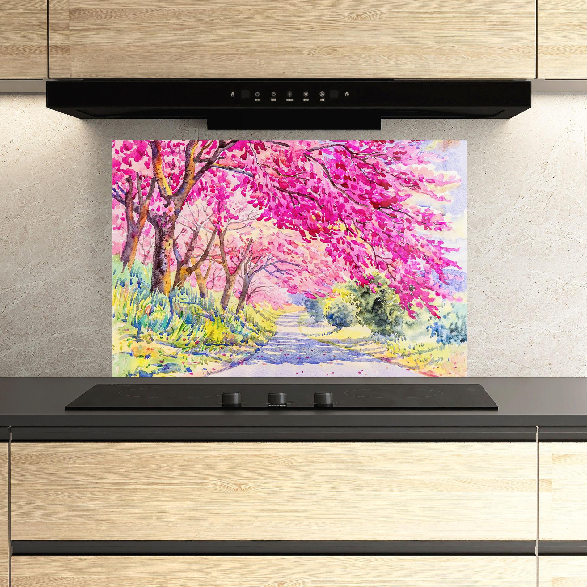 Panou Sticla Bucatarie Pink Trees Art mockup 3