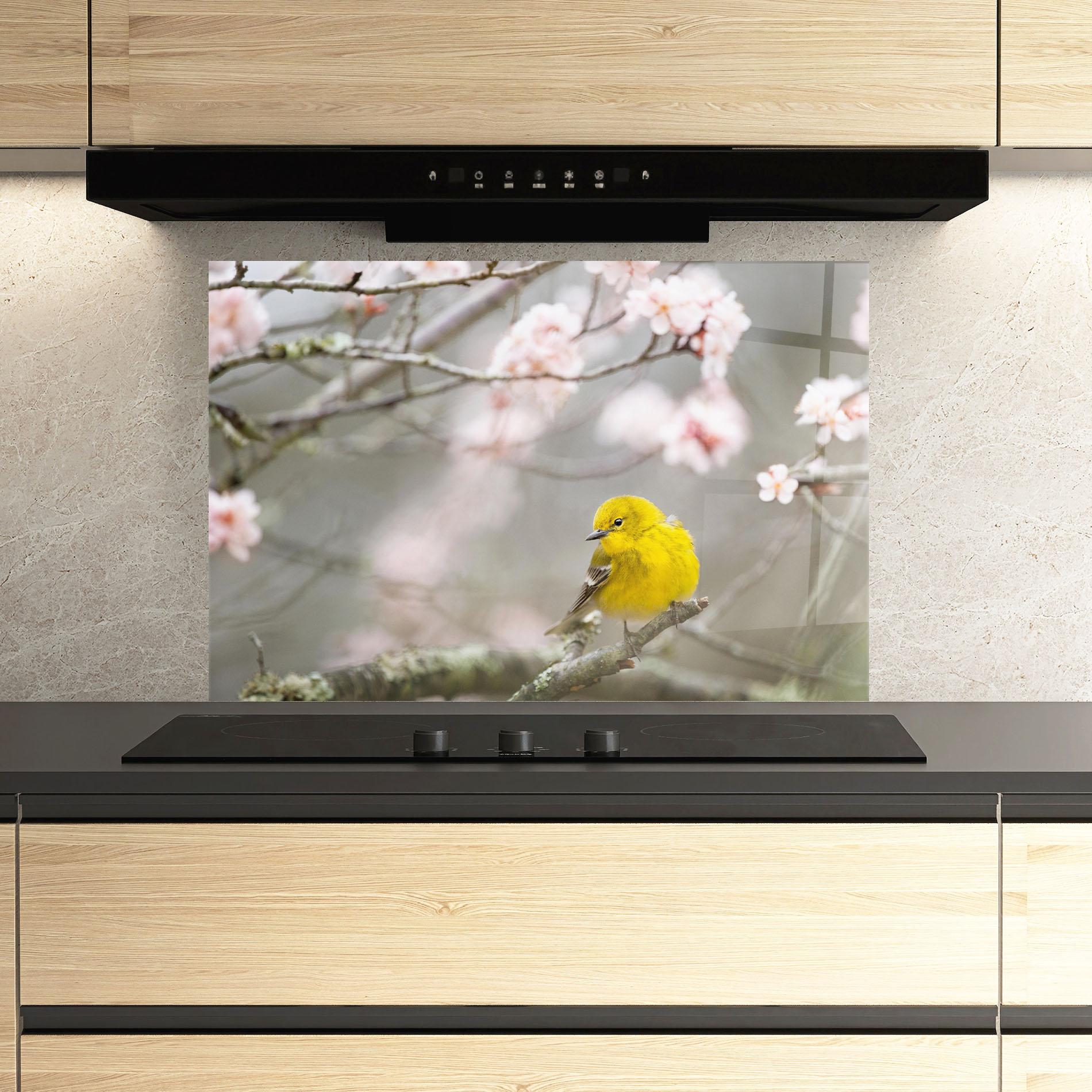 Panou Sticla Bucatarie Pretty Spring Yellow Bird mockup 3