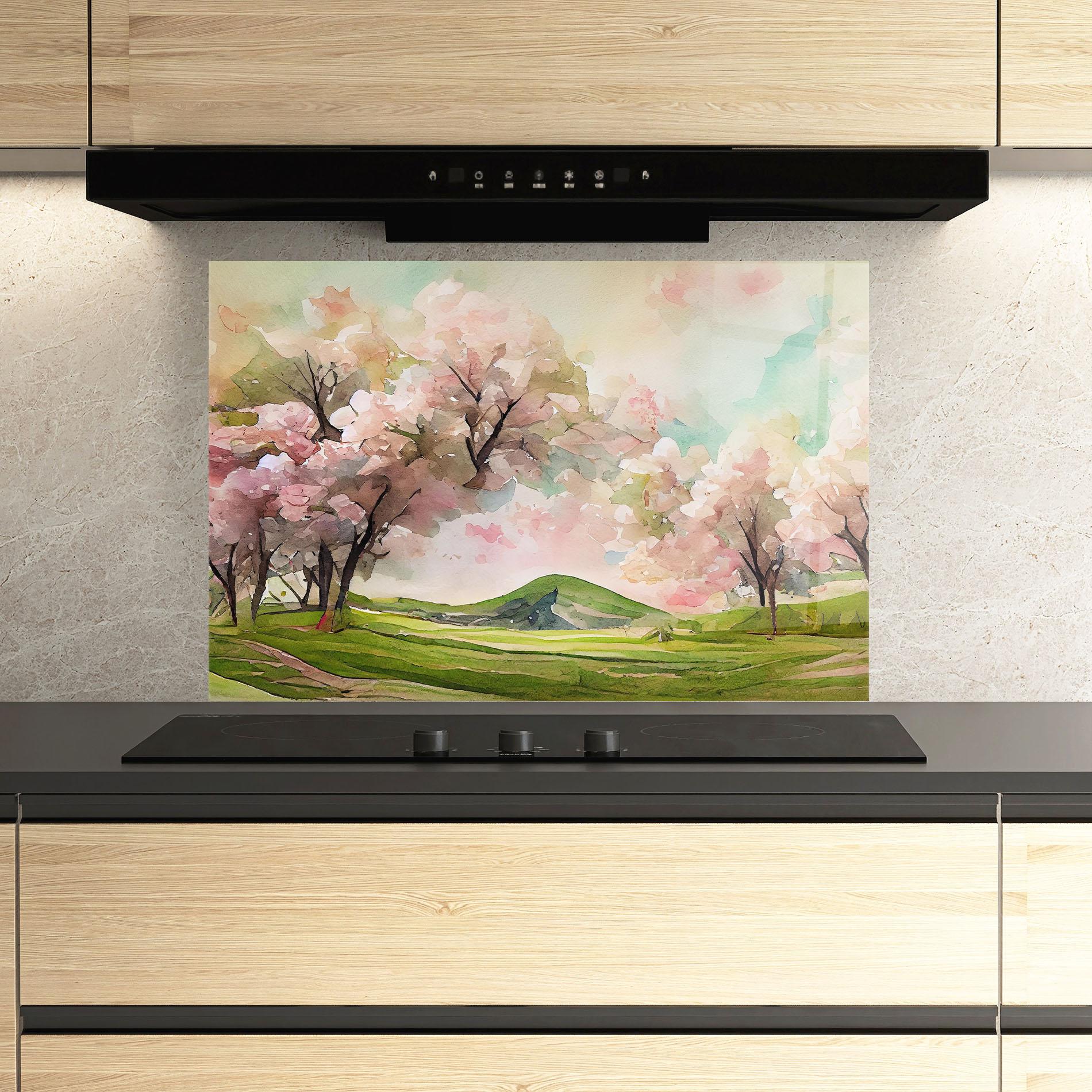 Panou Sticla Bucatarie Spring Pink Trees mockup 3