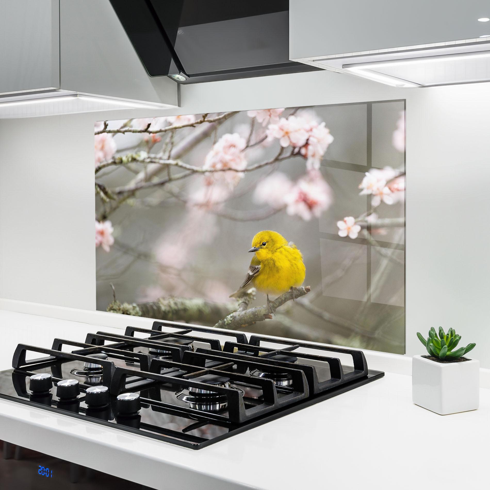 Panou Sticla Bucatarie Pretty Spring Yellow Bird mockup 6