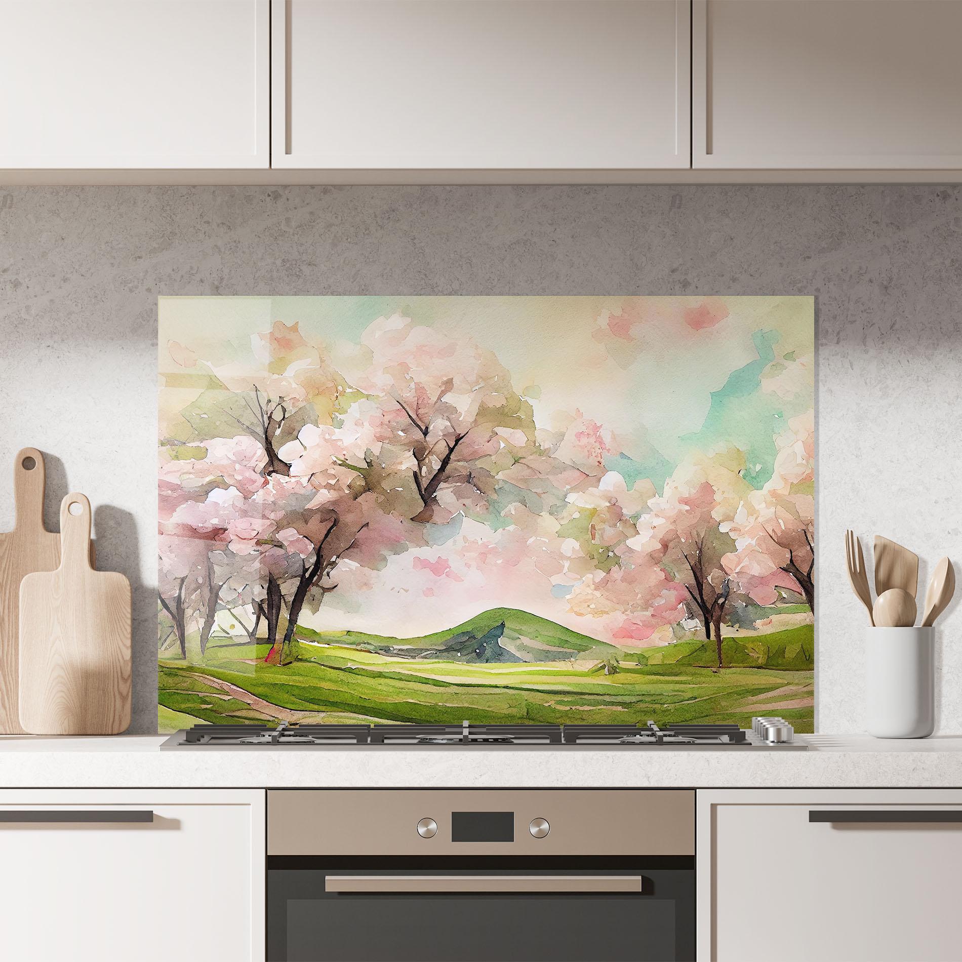 Panou Sticla Bucatarie Spring Pink Trees mockup 7