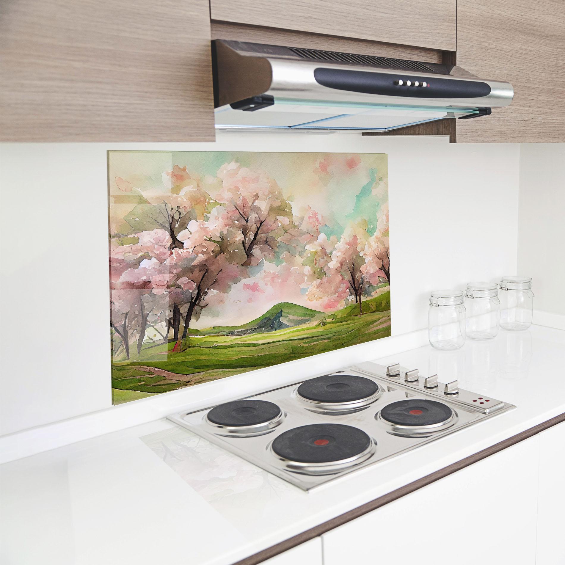 Panou Sticla Bucatarie Spring Pink Trees mockup 8