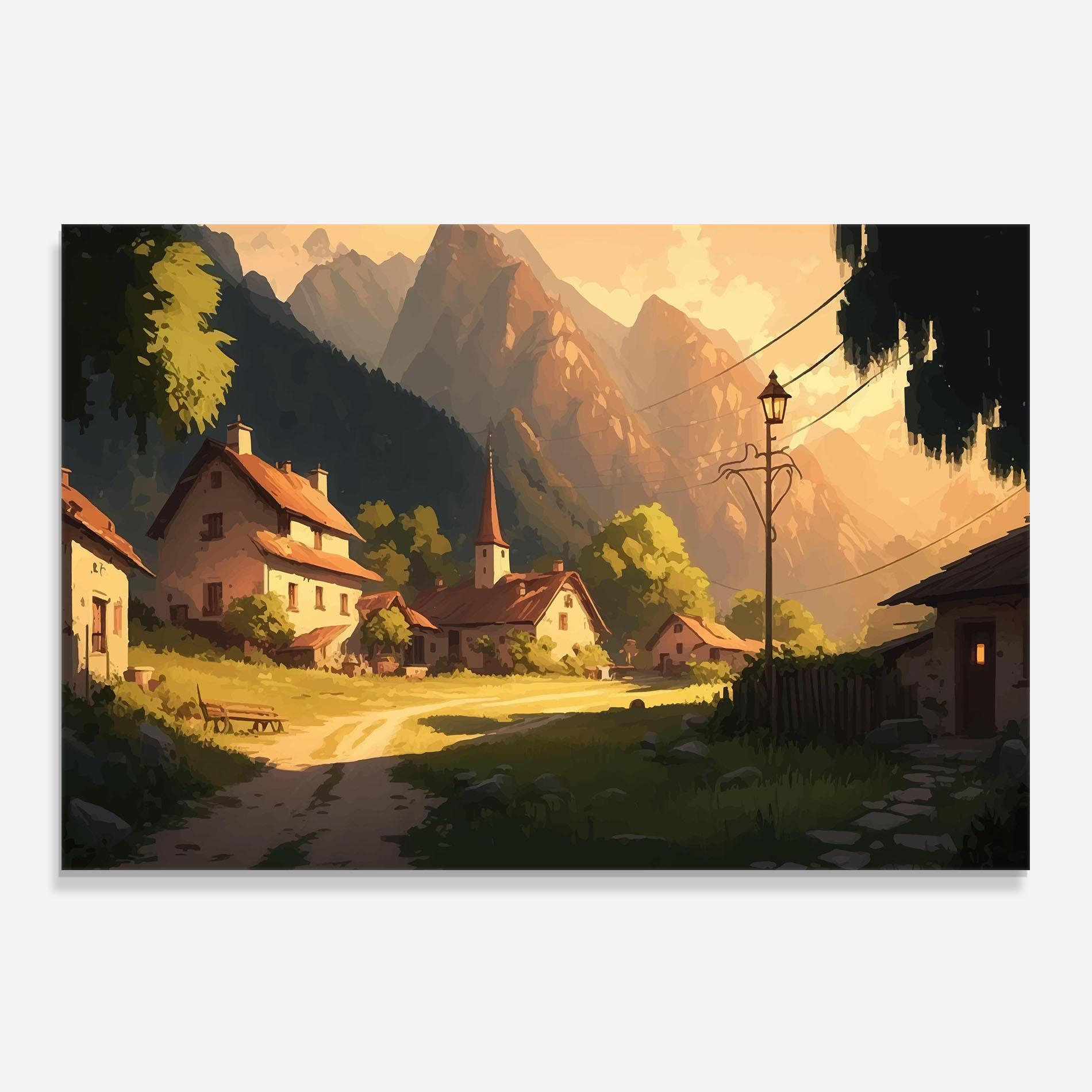 Panou Sticla Bucatarie Grassy Village View mockup 0