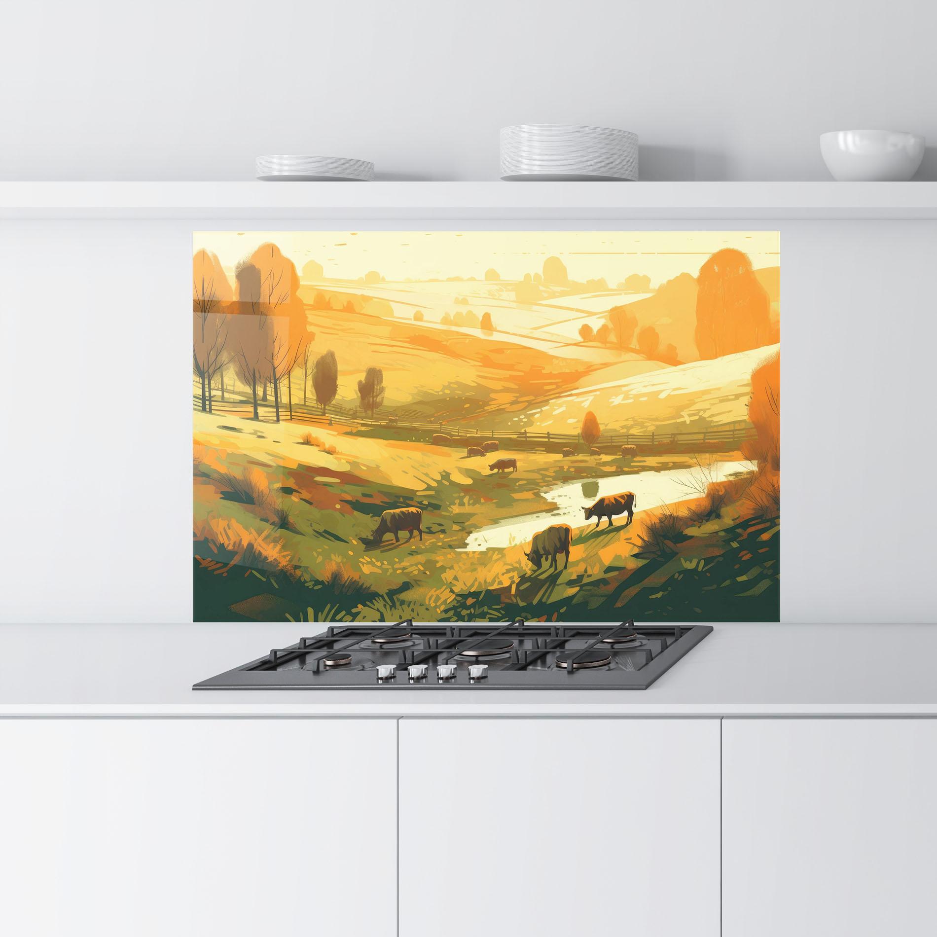 Panou Sticla Bucatarie Cows Sunlight Art mockup 9