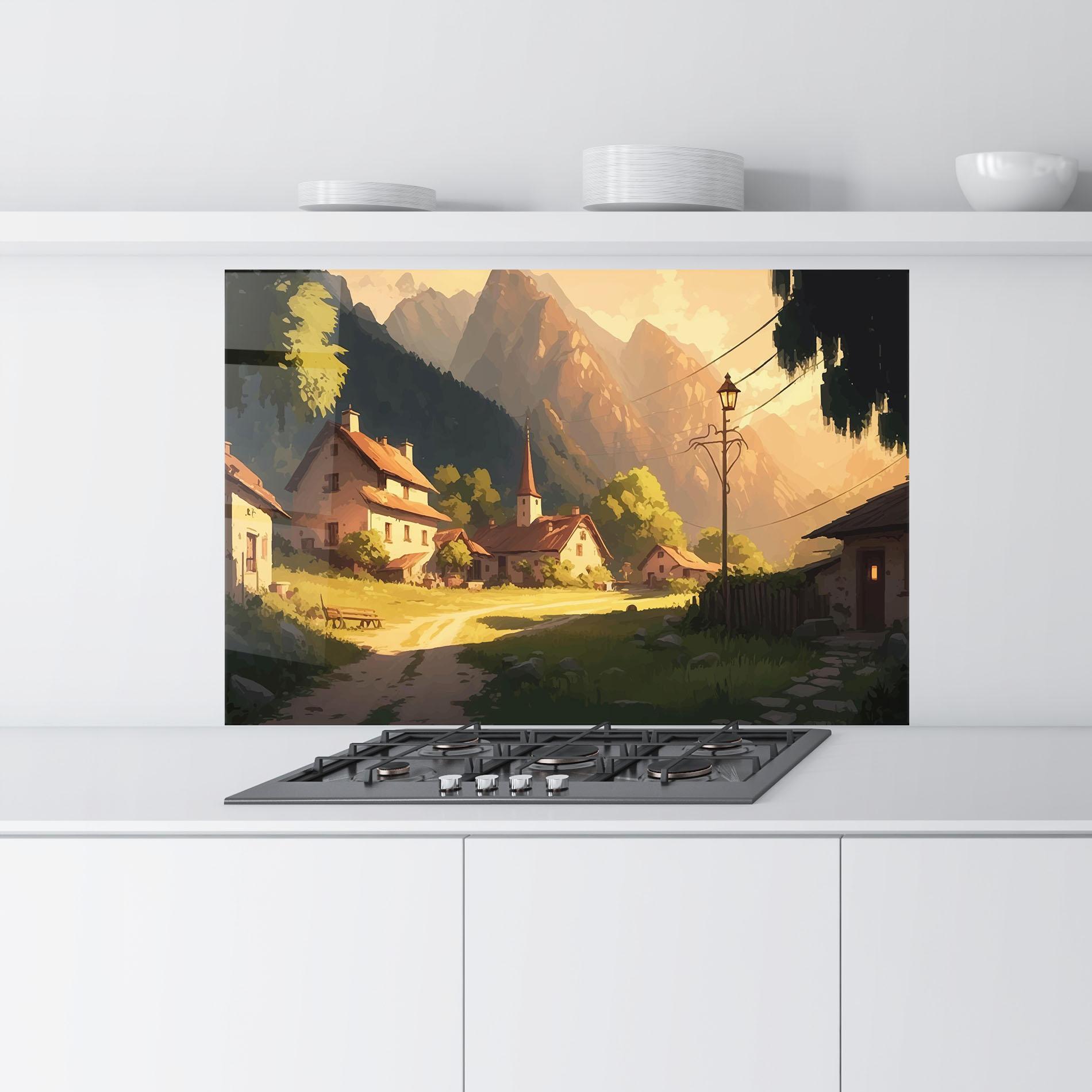 Panou Sticla Bucatarie Grassy Village View mockup 9