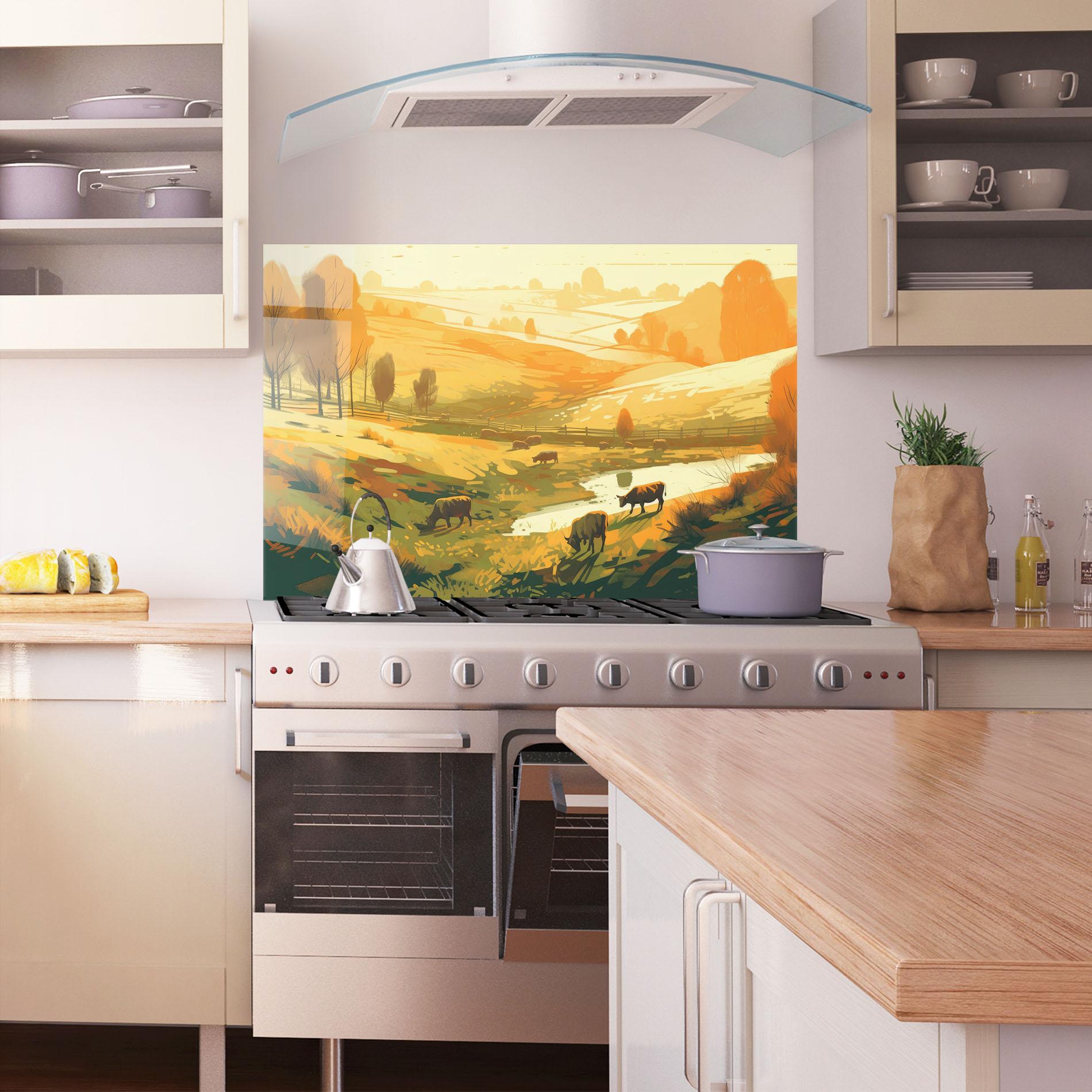 Panou Sticla Bucatarie Cows Sunlight Art mockup 1