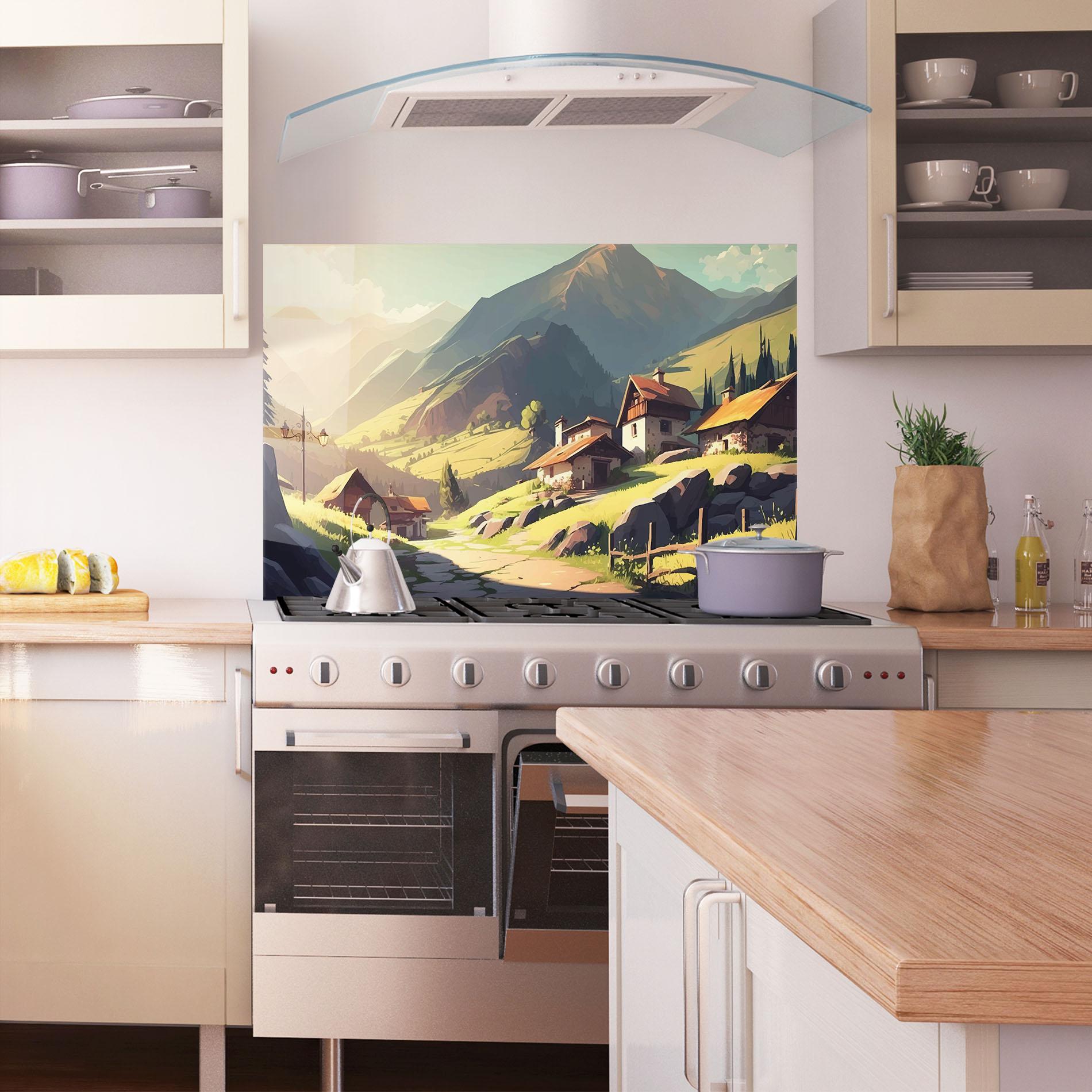 Panou Sticla Bucatarie Grassy Mountain View mockup 1