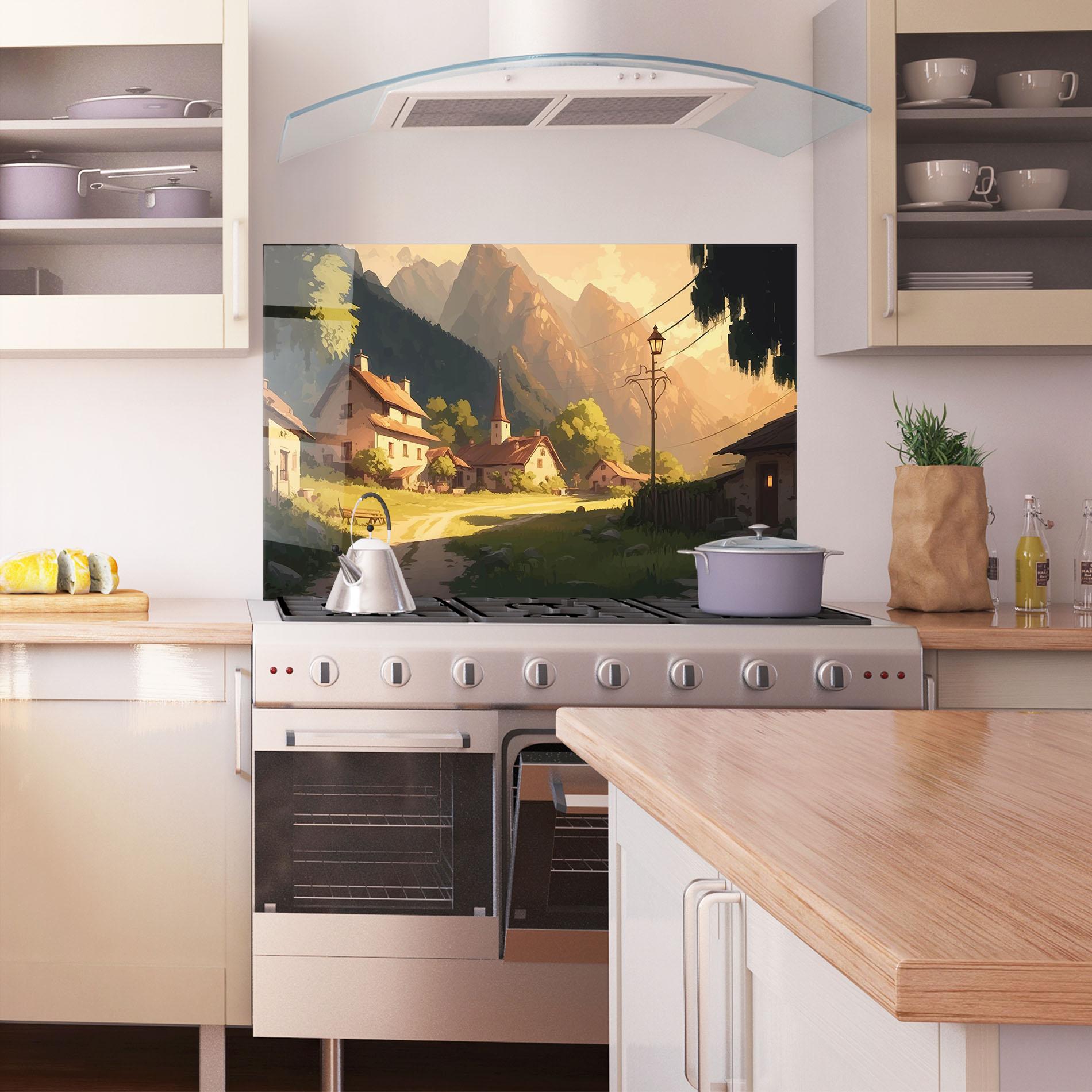 Panou Sticla Bucatarie Grassy Village View mockup 1