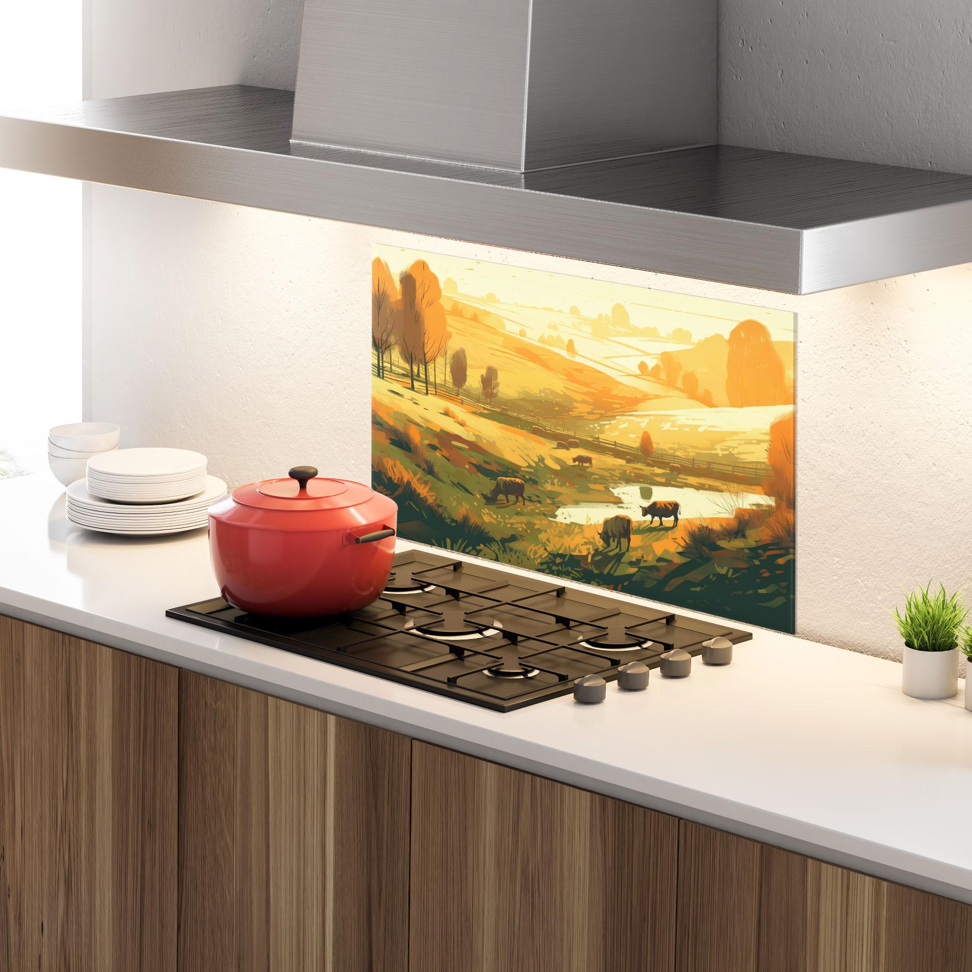 Panou Sticla Bucatarie Cows Sunlight Art mockup 4